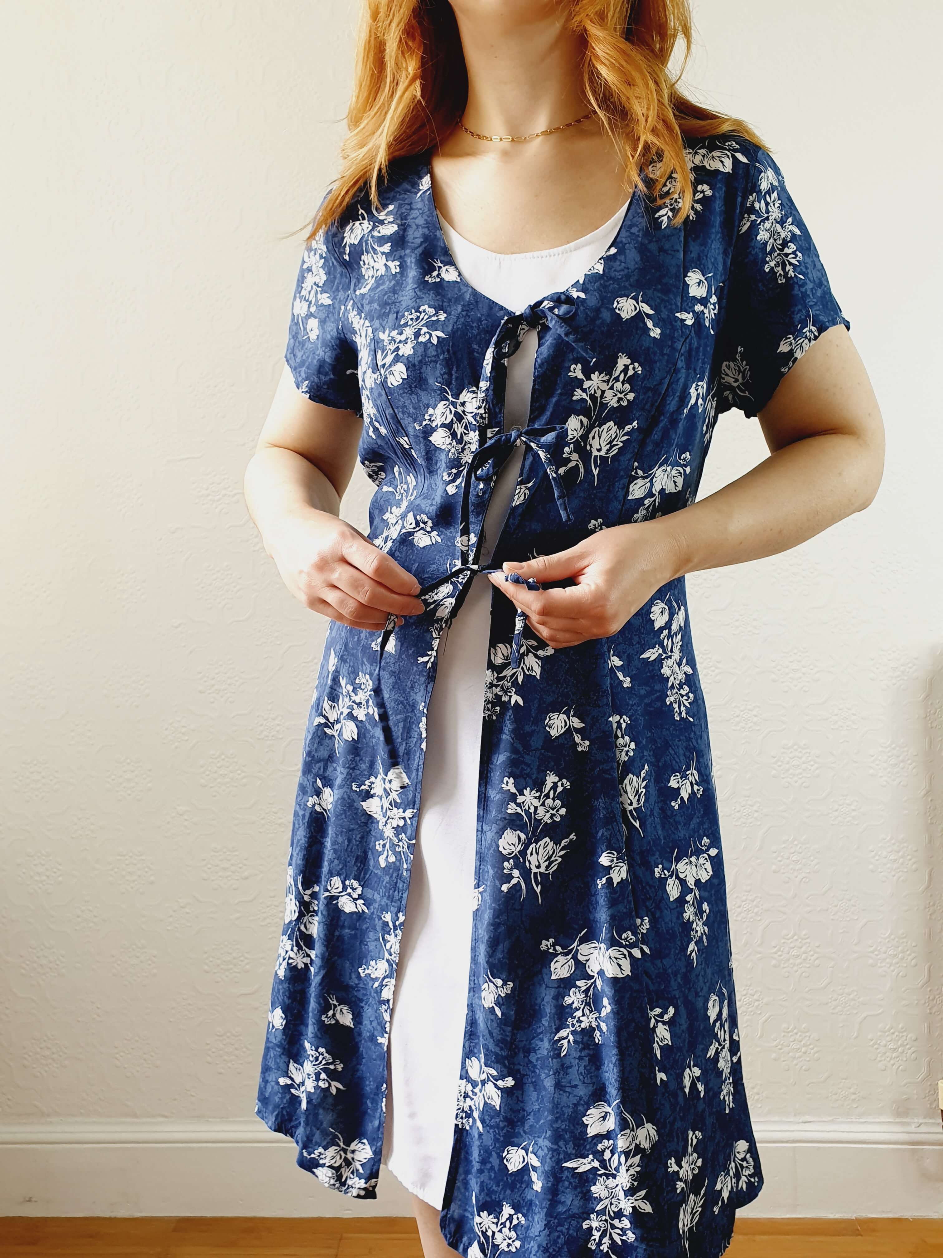 Vintage 90s Blue Double Layer Floral Short Sleeve Dress - S/M - Image 8