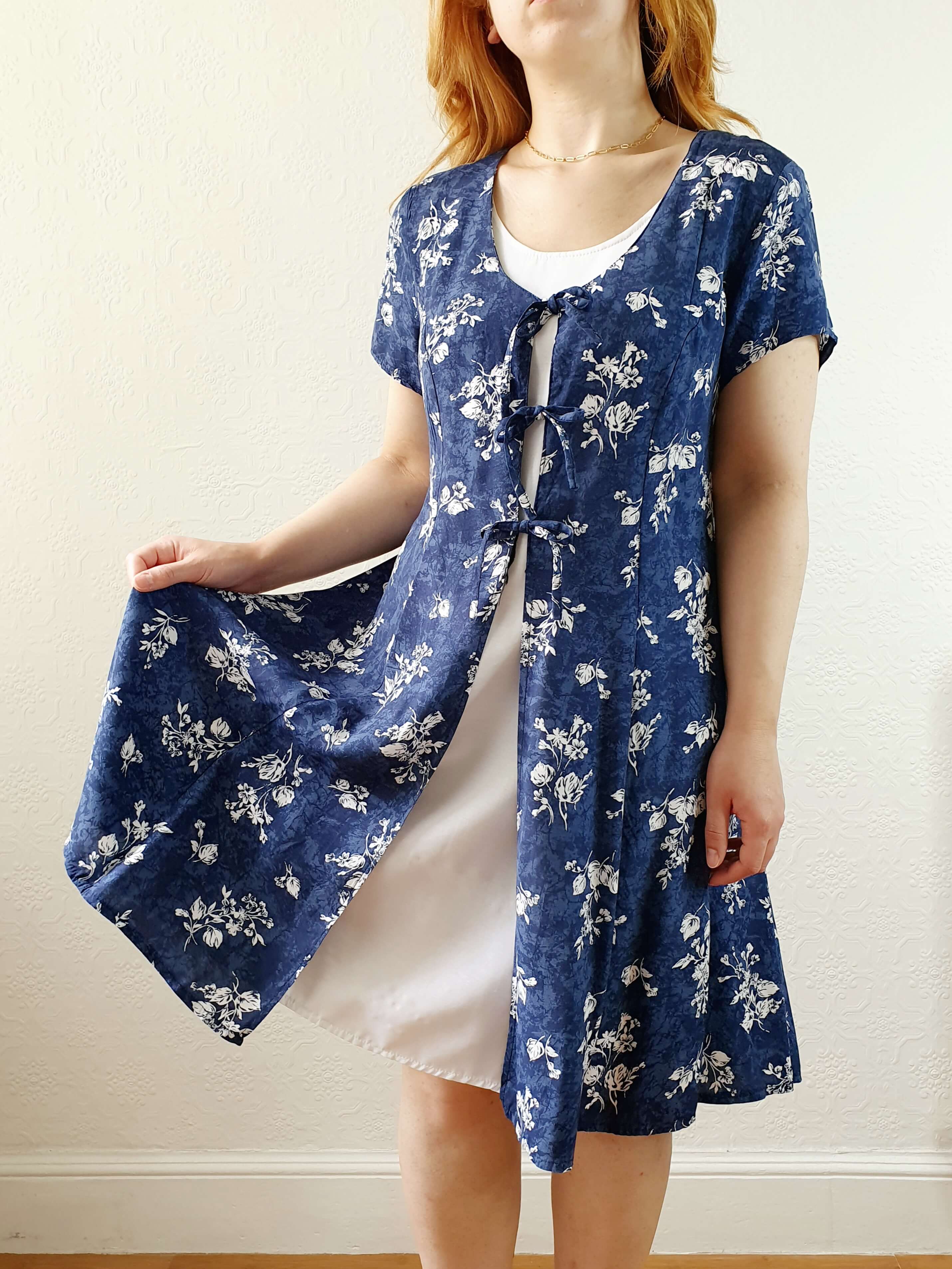 Vintage 90s Blue Double Layer Floral Short Sleeve Dress - S/M - Image 9