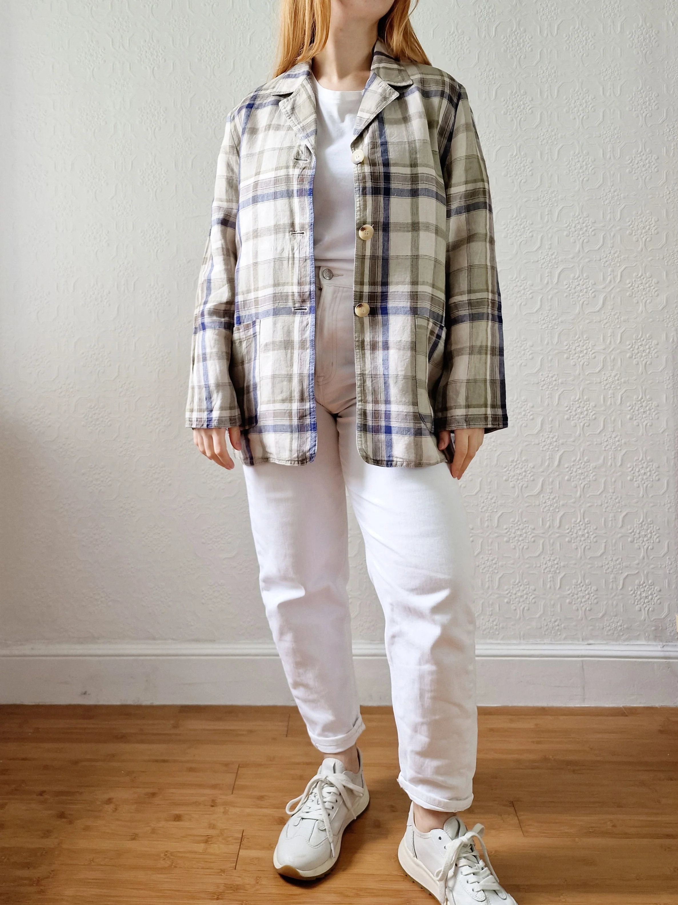 Vintage 90s Blue & Grey Checked Lightweight Linen Jacket - S/M - Image 2