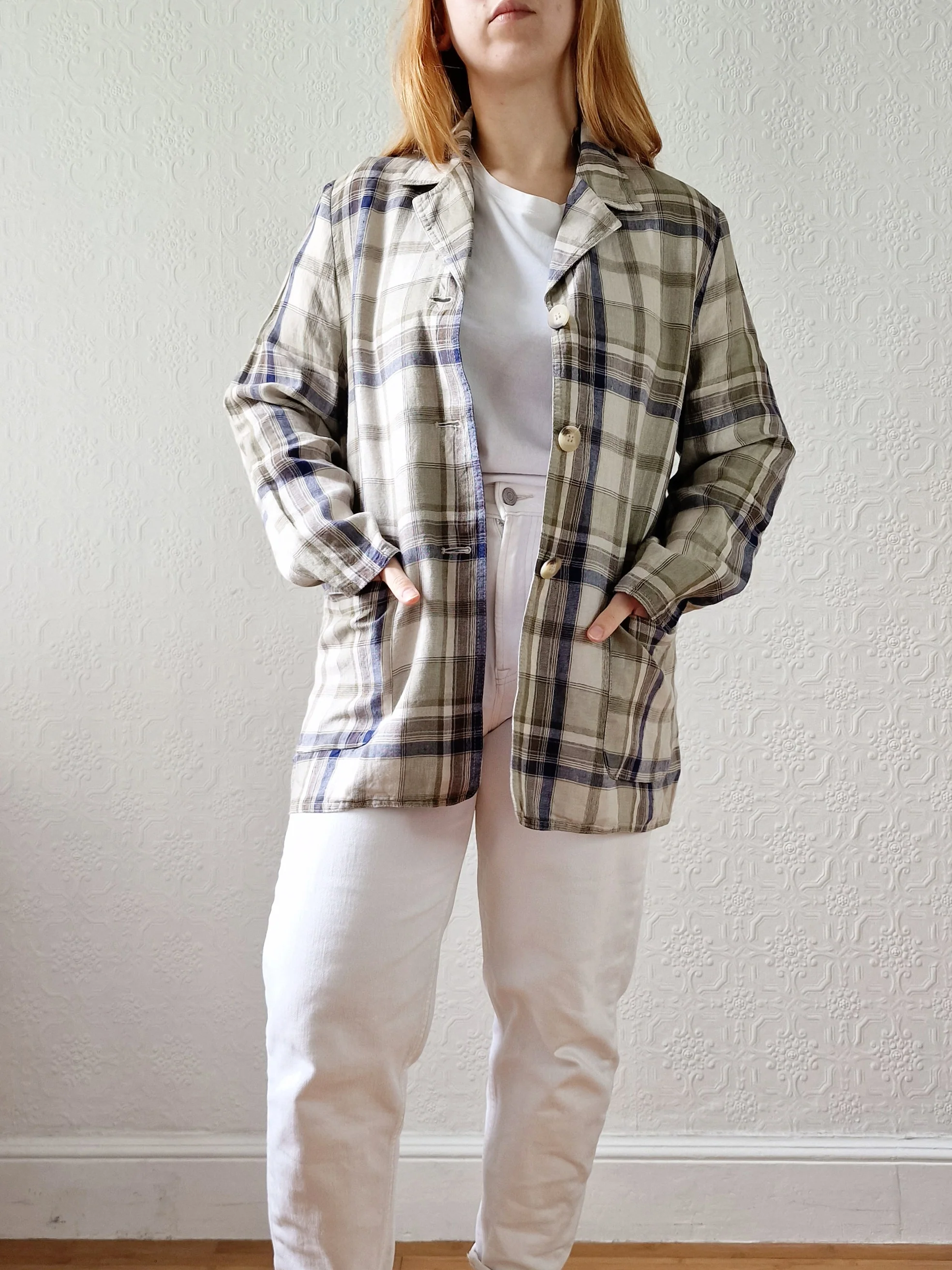 Vintage 90s Blue & Grey Checked Lightweight Linen Jacket - S/M - Image 3