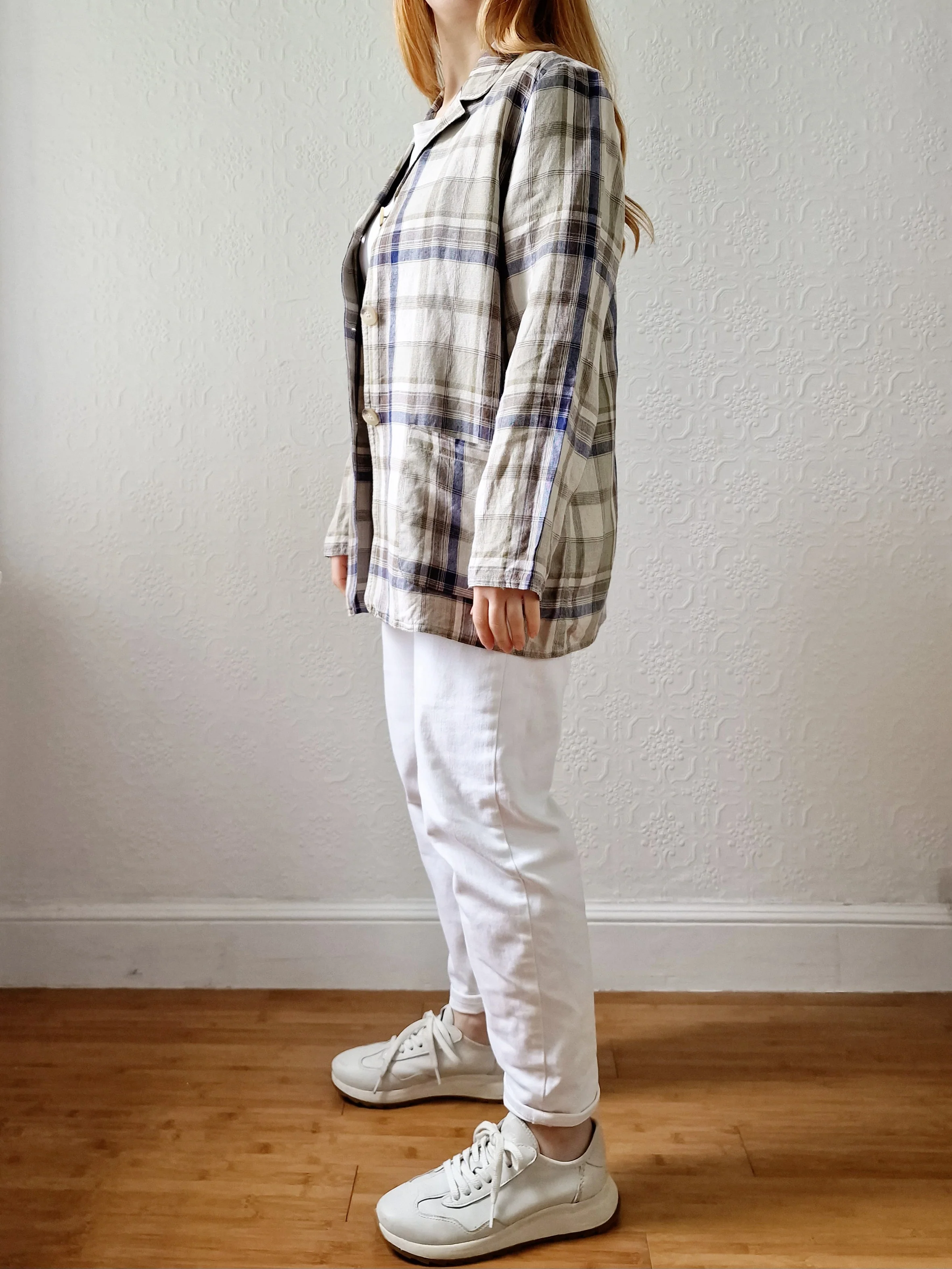 Vintage 90s Blue & Grey Checked Lightweight Linen Jacket - S/M - Image 4