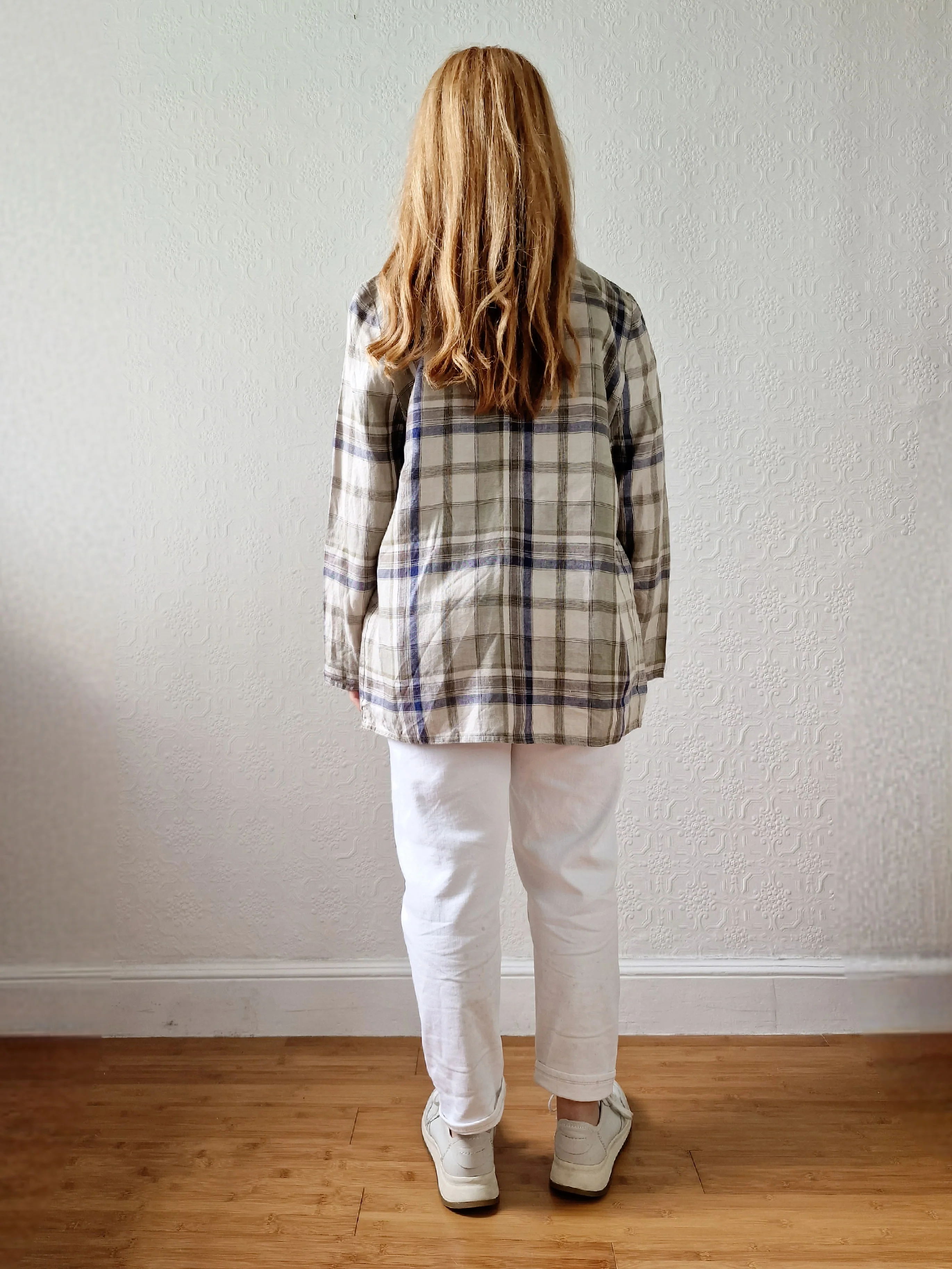 Vintage 90s Blue & Grey Checked Lightweight Linen Jacket - S/M - Image 5