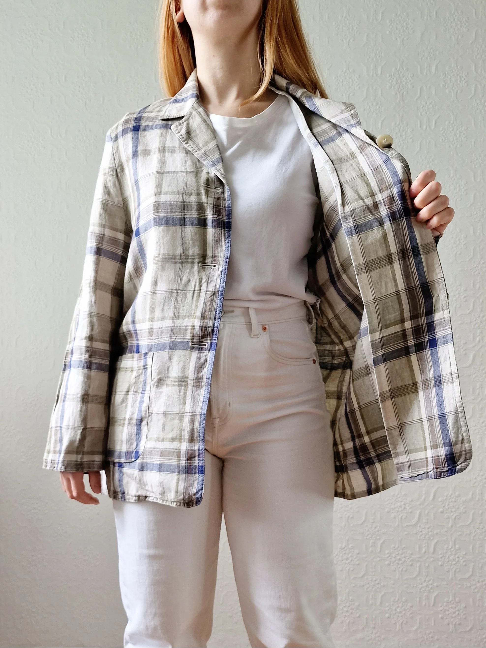 Vintage 90s Blue & Grey Checked Lightweight Linen Jacket - S/M - Image 6