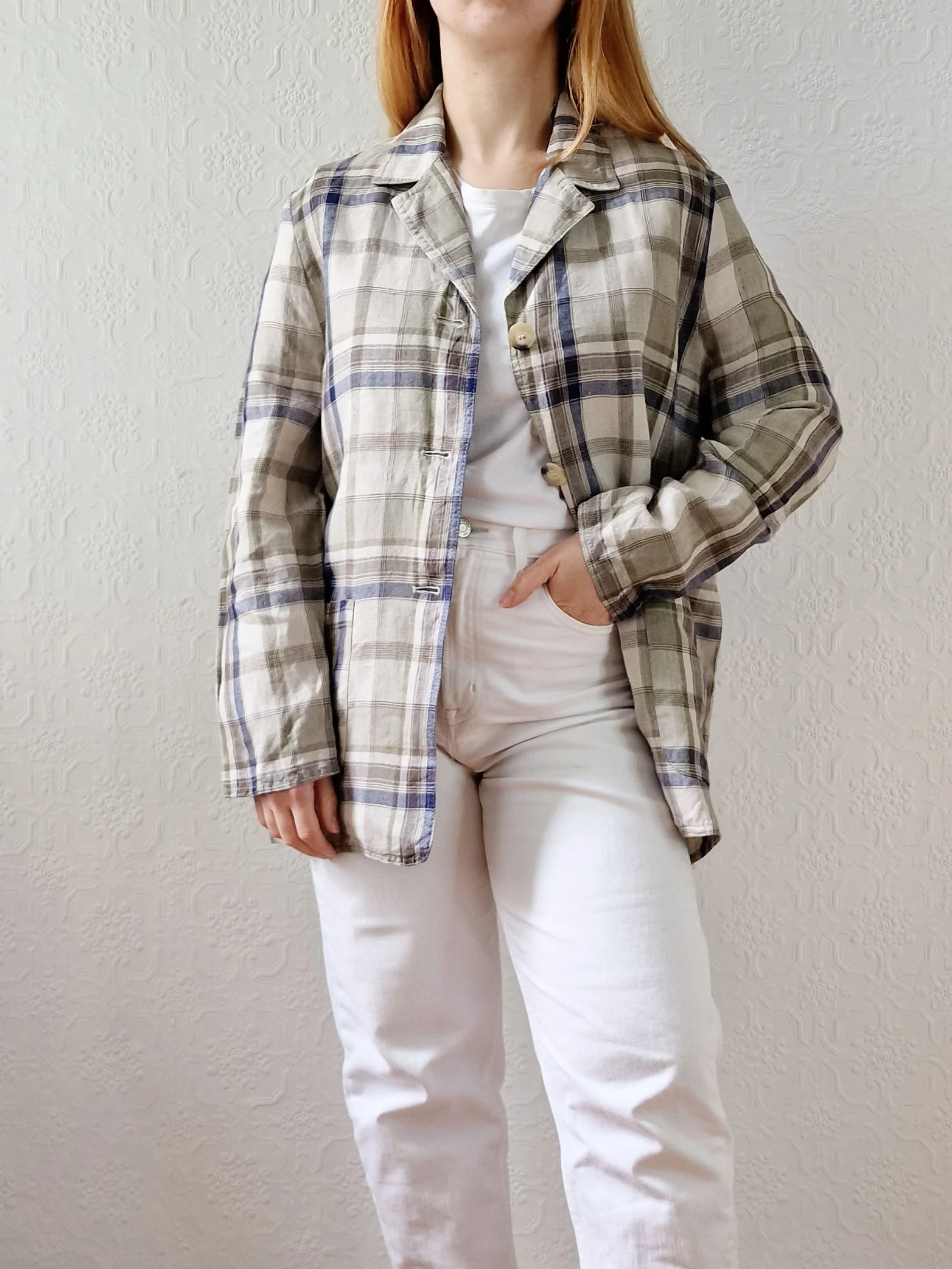 Vintage 90s Blue & Grey Checked Lightweight Linen Jacket - S/M - Image 7