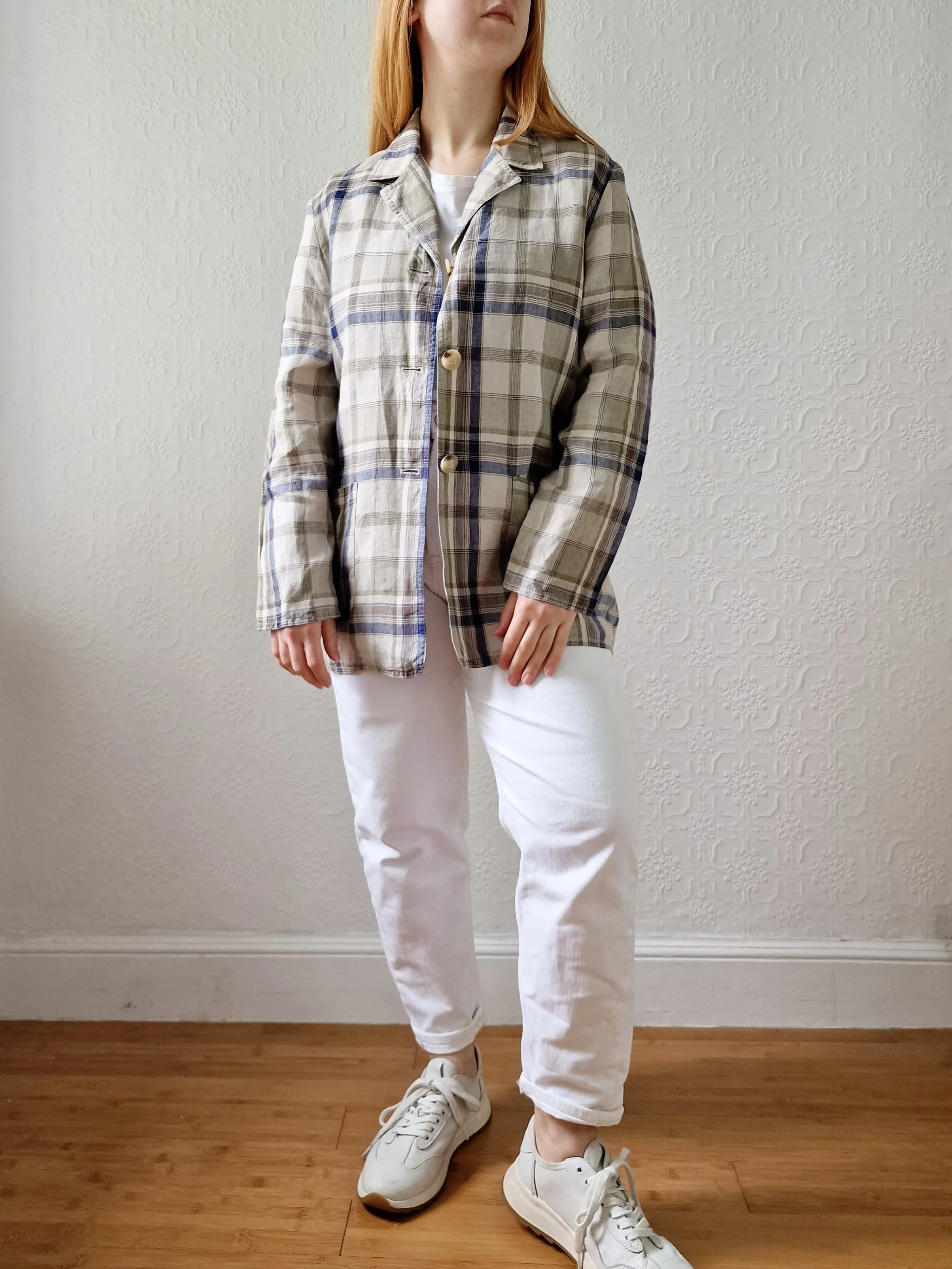 Vintage 90s Blue & Grey Checked Lightweight Linen Jacket - S/M - Image 8