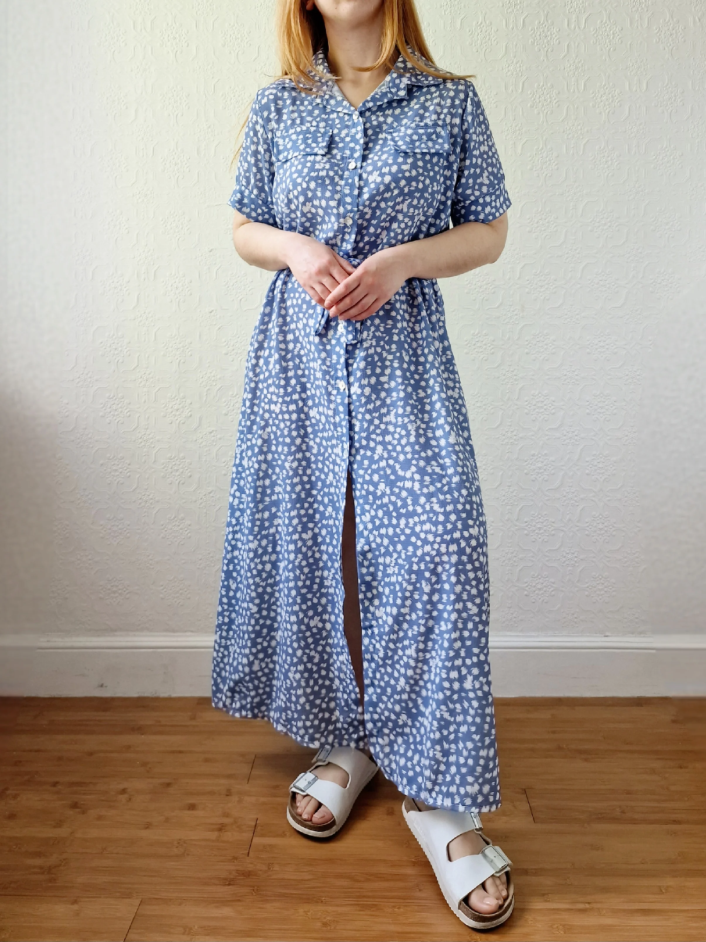 Vintage 90s Blue & White Short Sleeve Midi Dress - M - Image 10