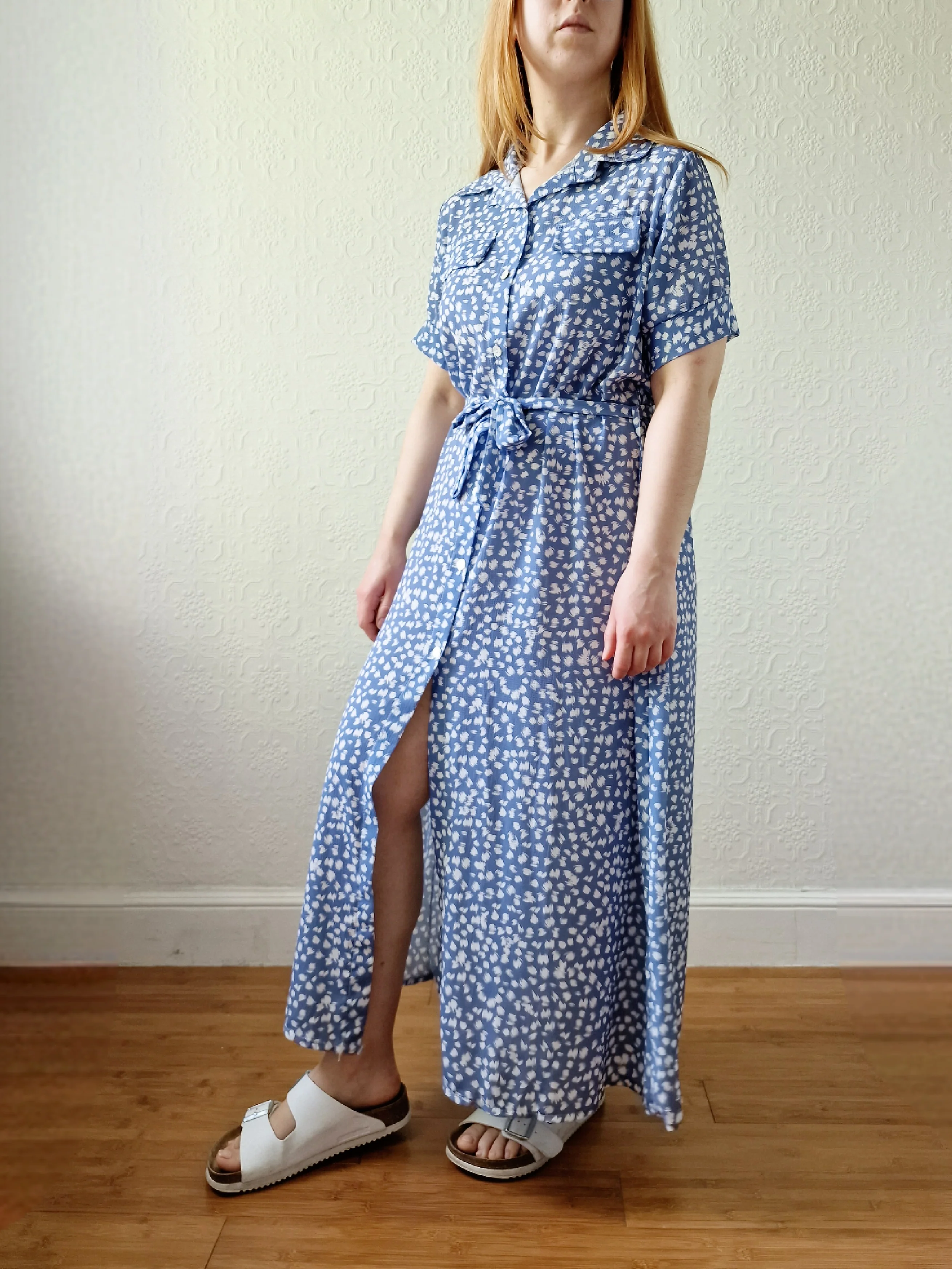 Vintage 90s Blue & White Short Sleeve Midi Dress - M - Image 2