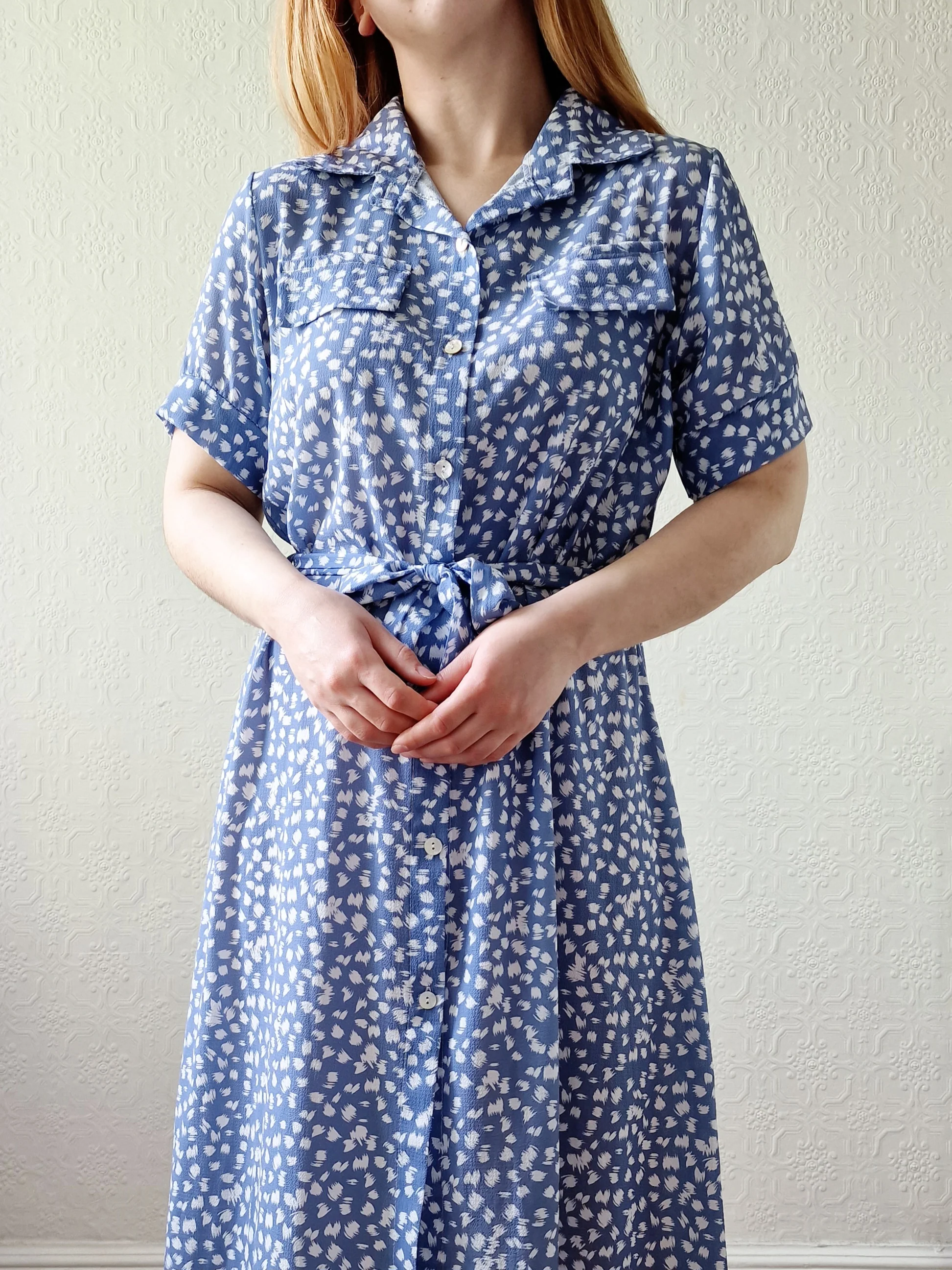 Vintage 90s Blue & White Short Sleeve Midi Dress - M - Image 3