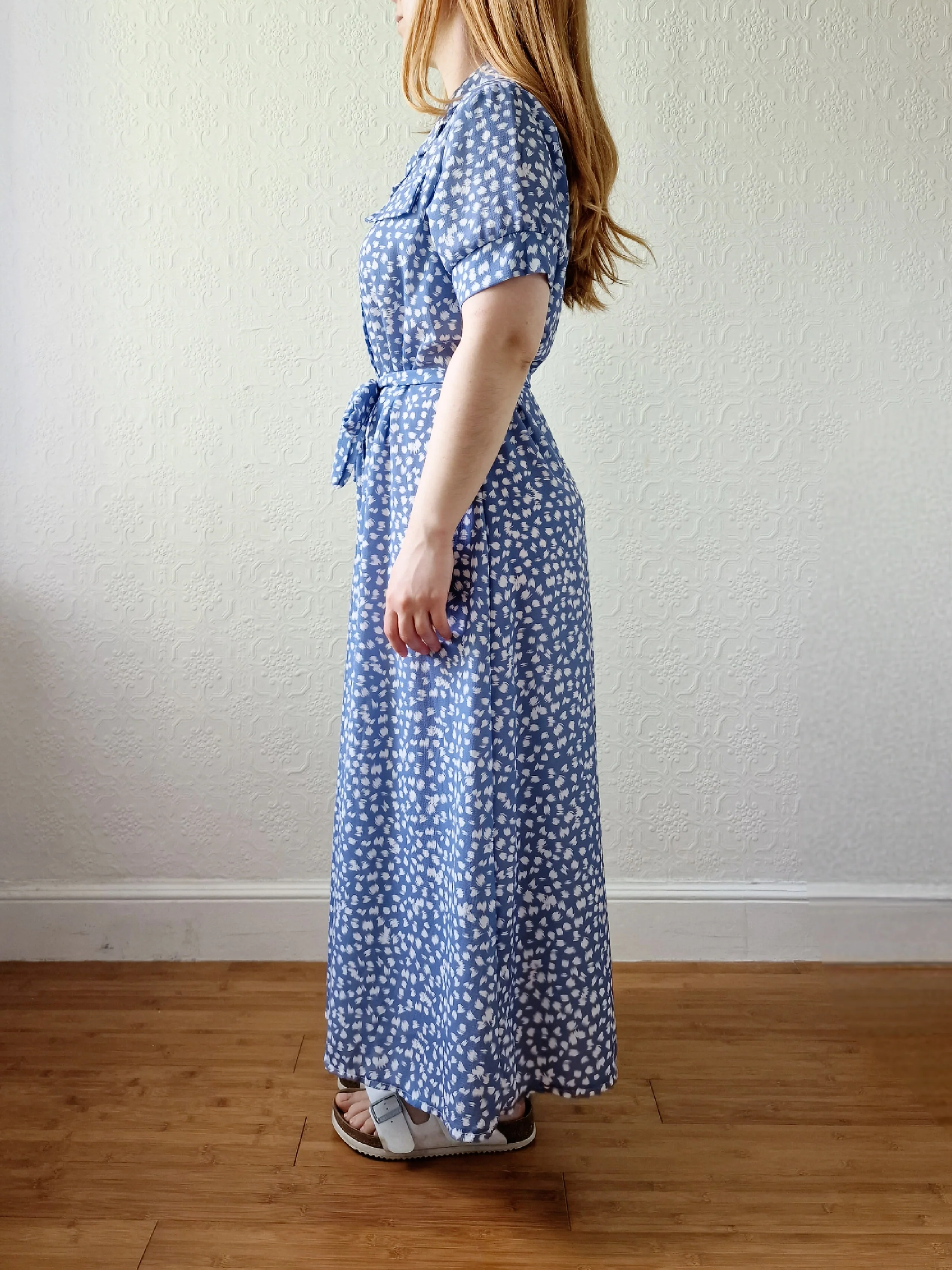 Vintage 90s Blue & White Short Sleeve Midi Dress - M - Image 4
