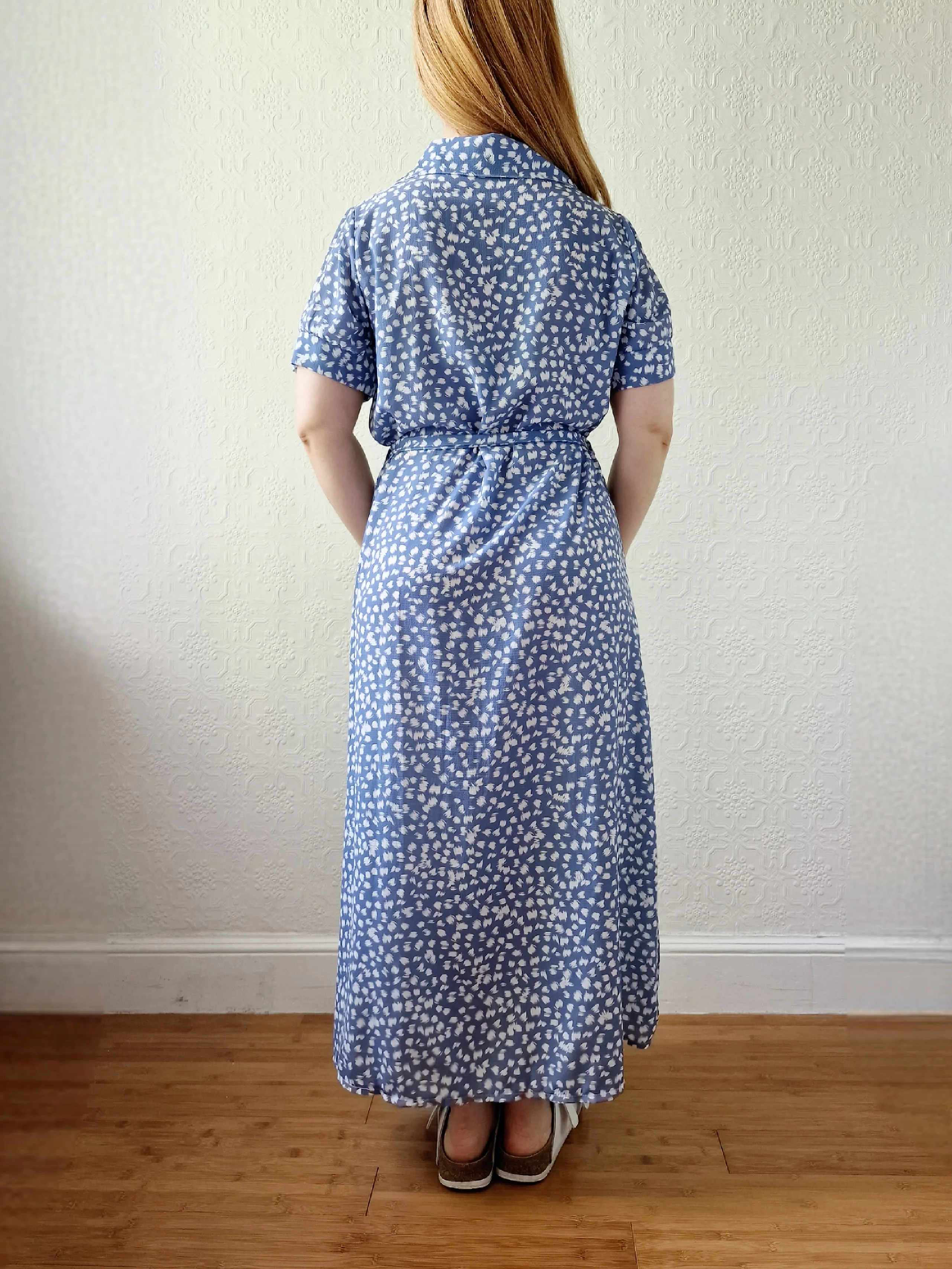 Vintage 90s Blue & White Short Sleeve Midi Dress - M - Image 5