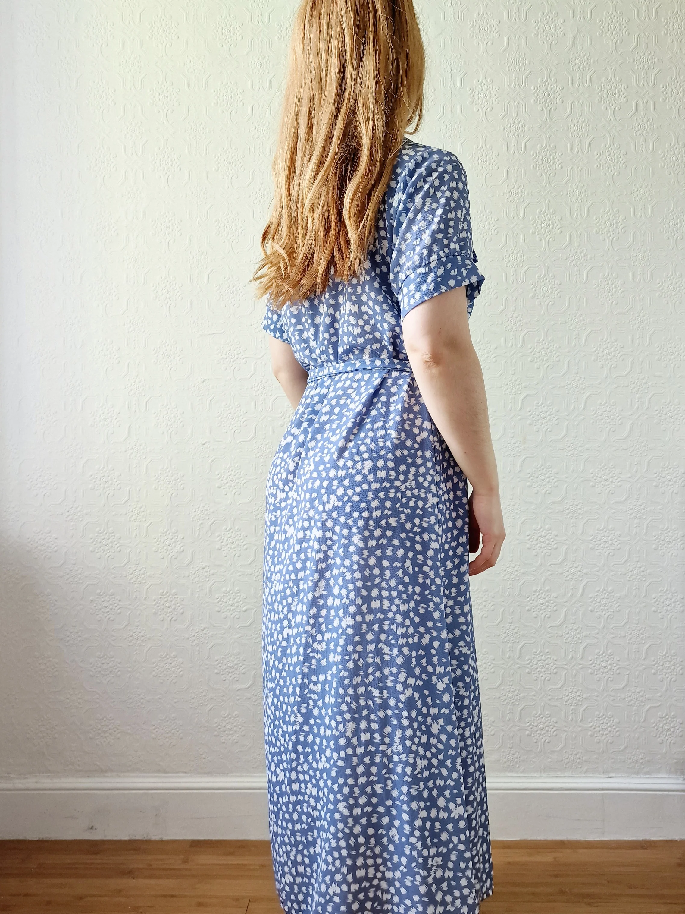 Vintage 90s Blue & White Short Sleeve Midi Dress - M - Image 6