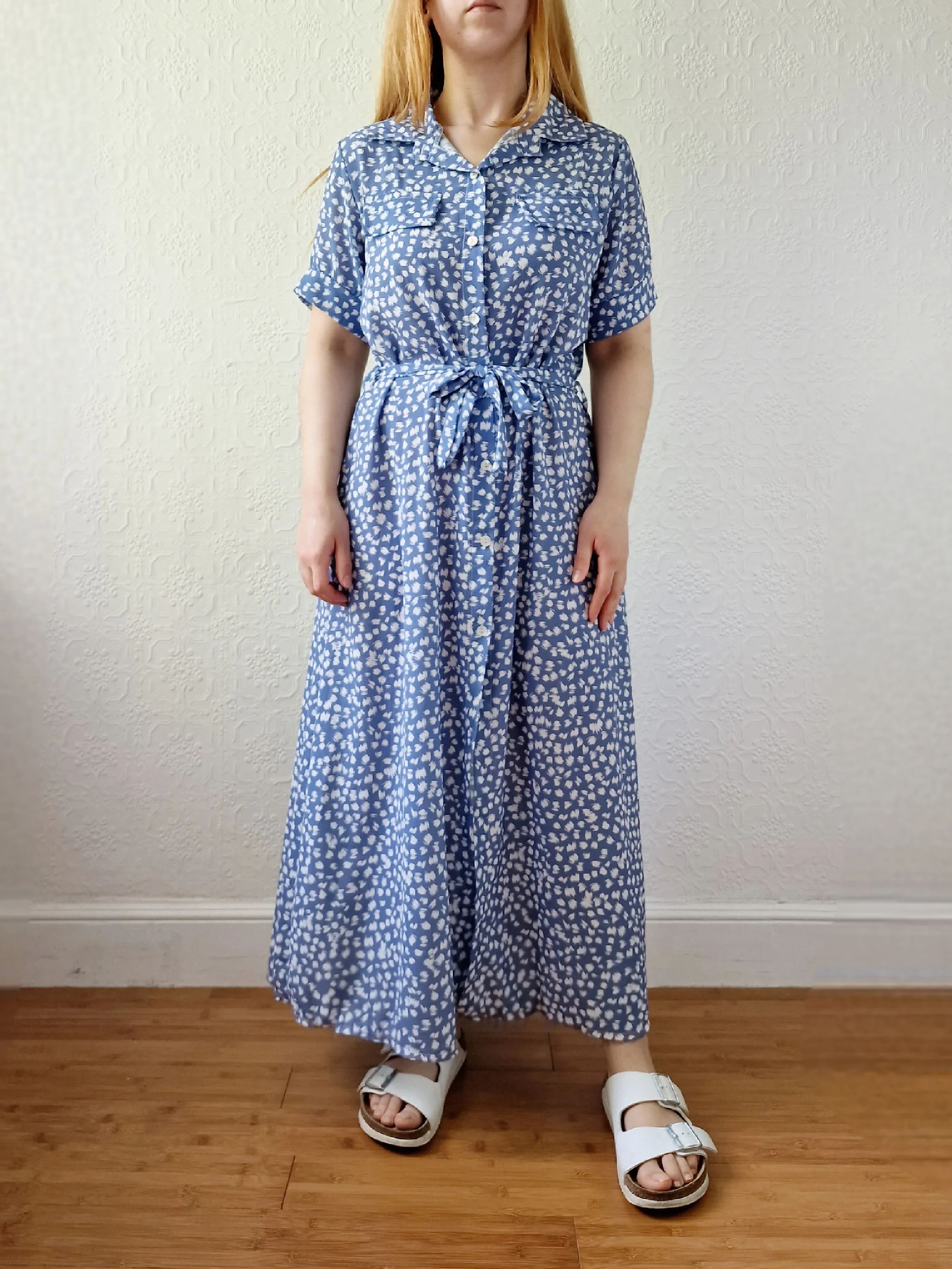 Vintage 90s Blue & White Short Sleeve Midi Dress - M - Image 7