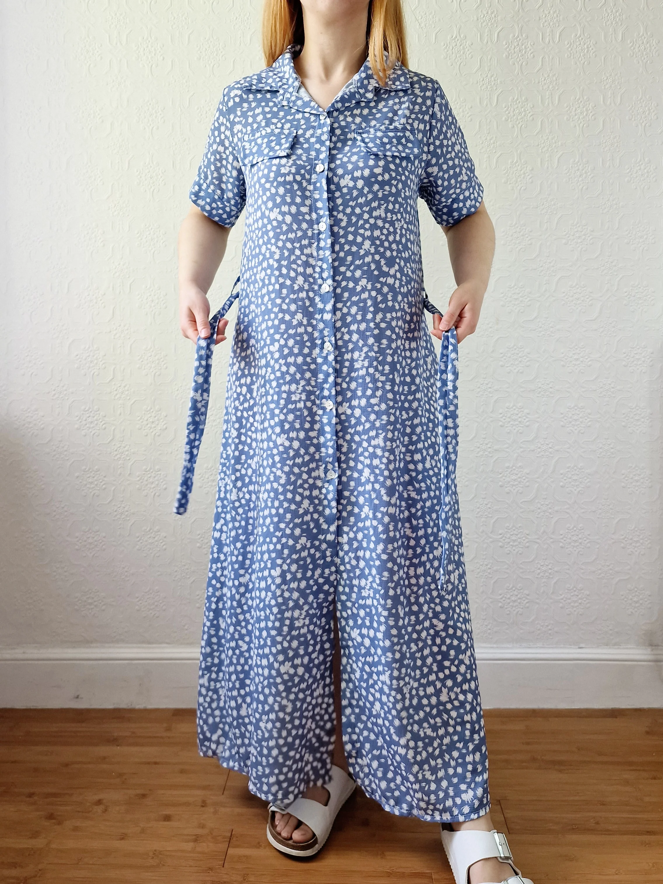 Vintage 90s Blue & White Short Sleeve Midi Dress - M - Image 8