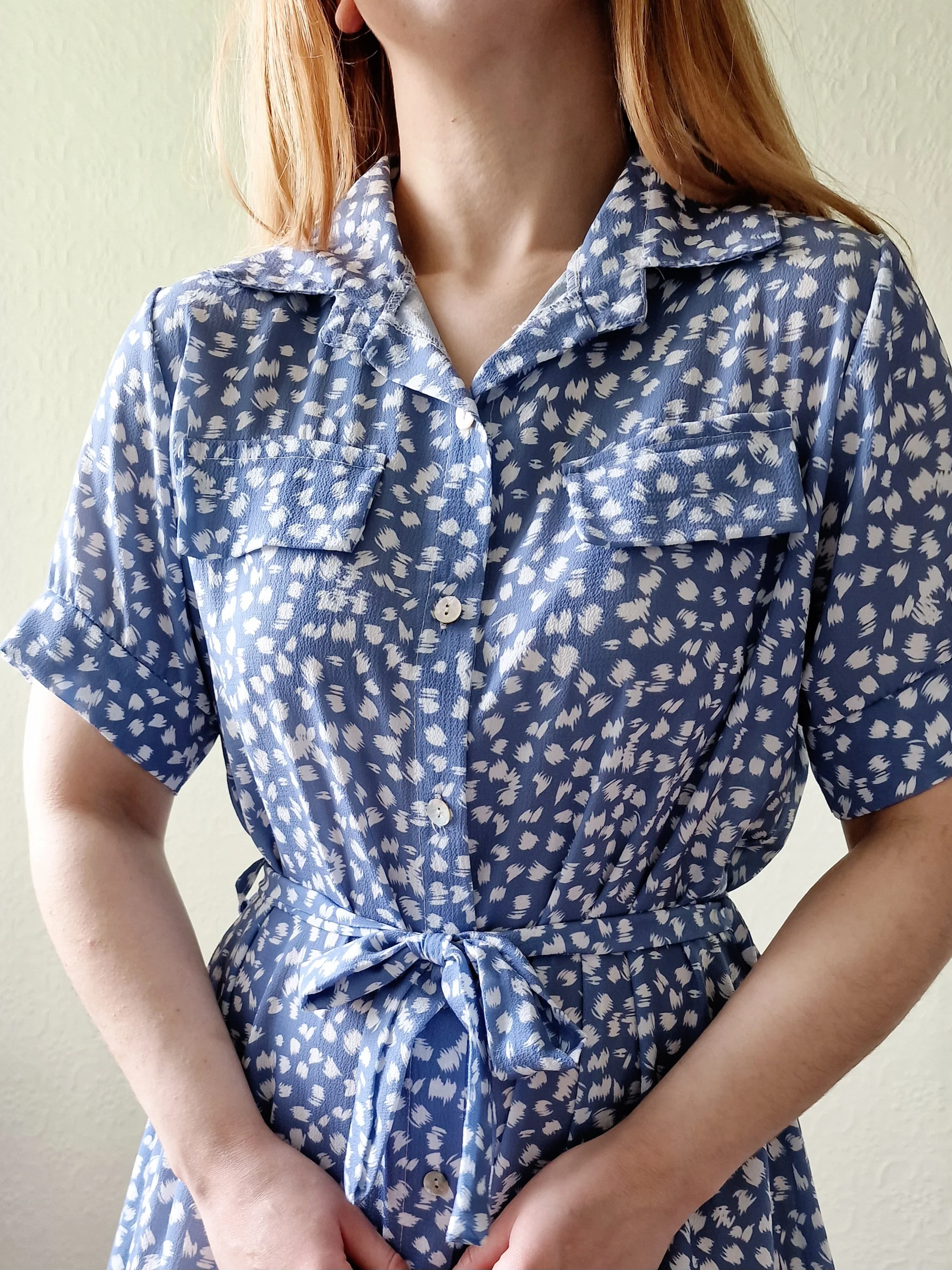 Vintage 90s Blue & White Short Sleeve Midi Dress - M - Image 9