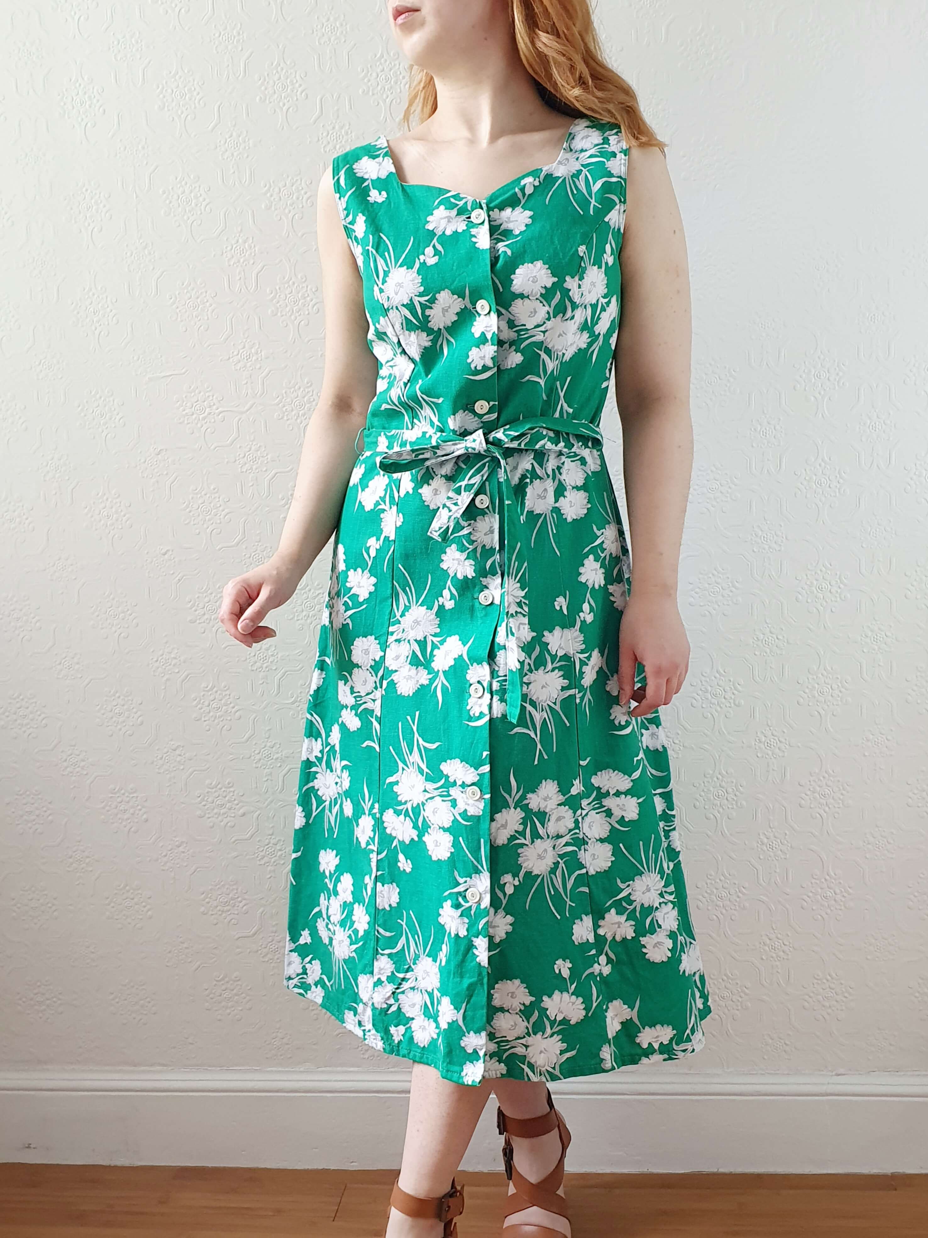 Vintage 90s Bright Green Floral Sleeveless Cotton Dress with Belt - S