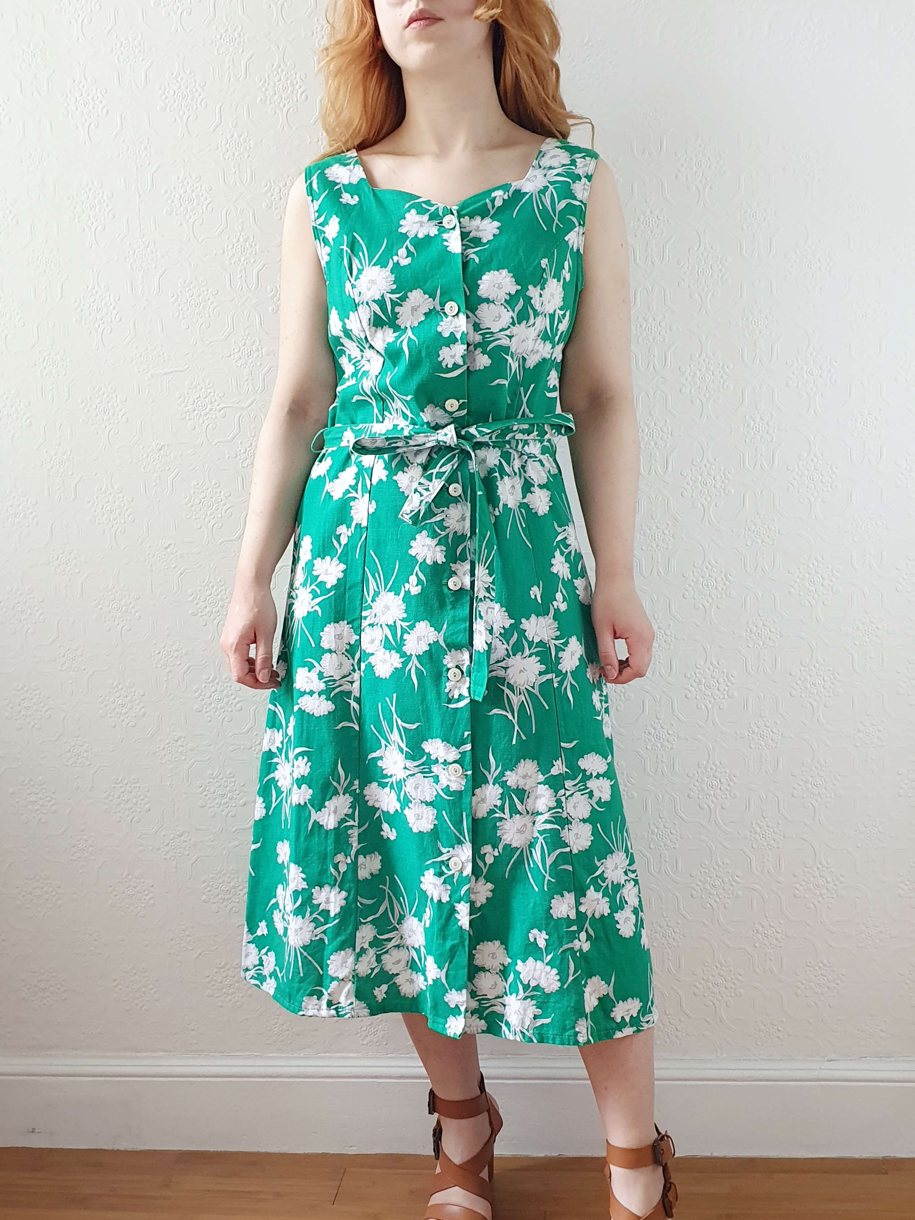 Vintage 90s Bright Green Floral Sleeveless Cotton Dress with Belt - S - Image 10
