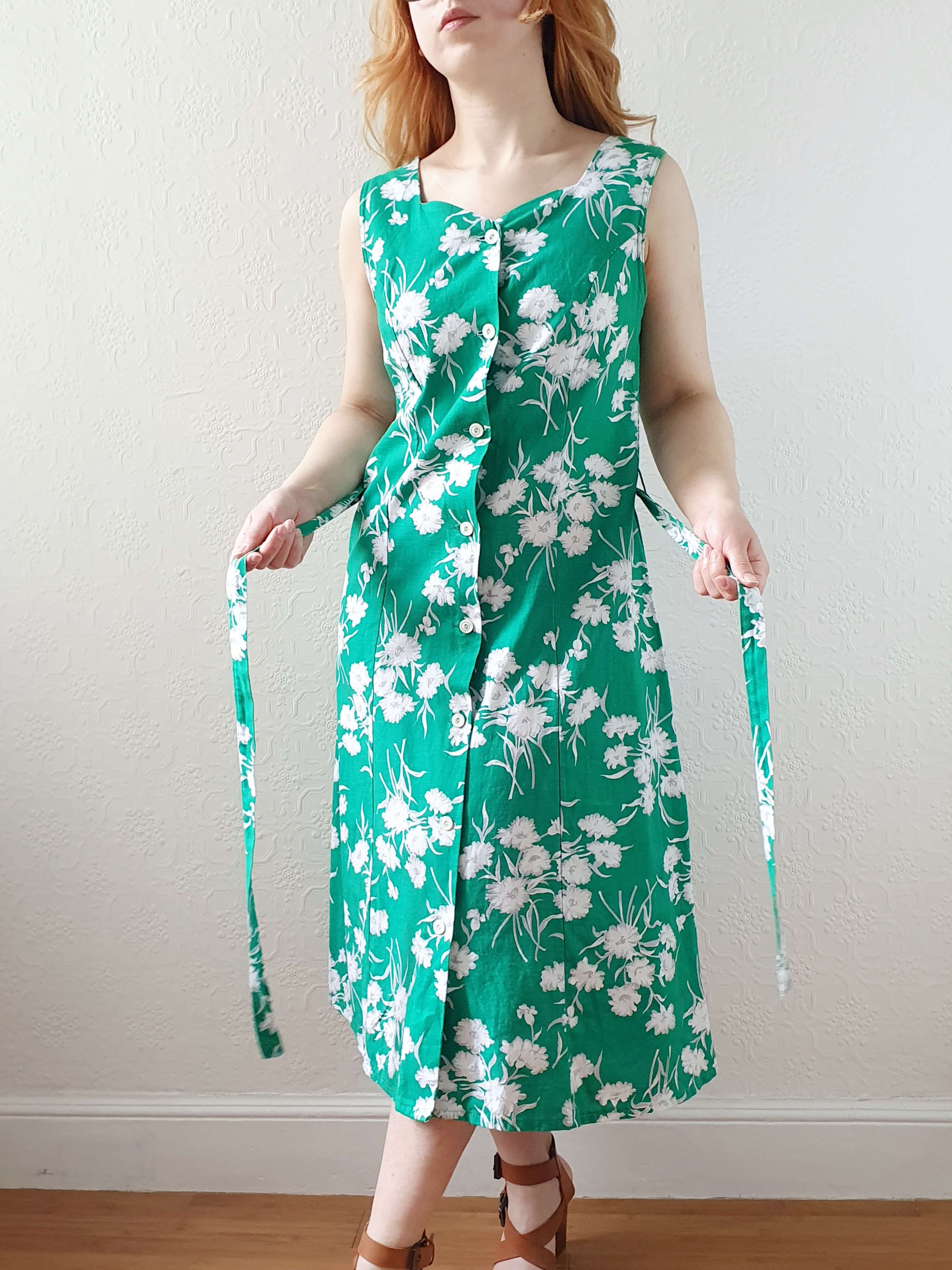 Vintage 90s Bright Green Floral Sleeveless Cotton Dress with Belt - S - Image 11
