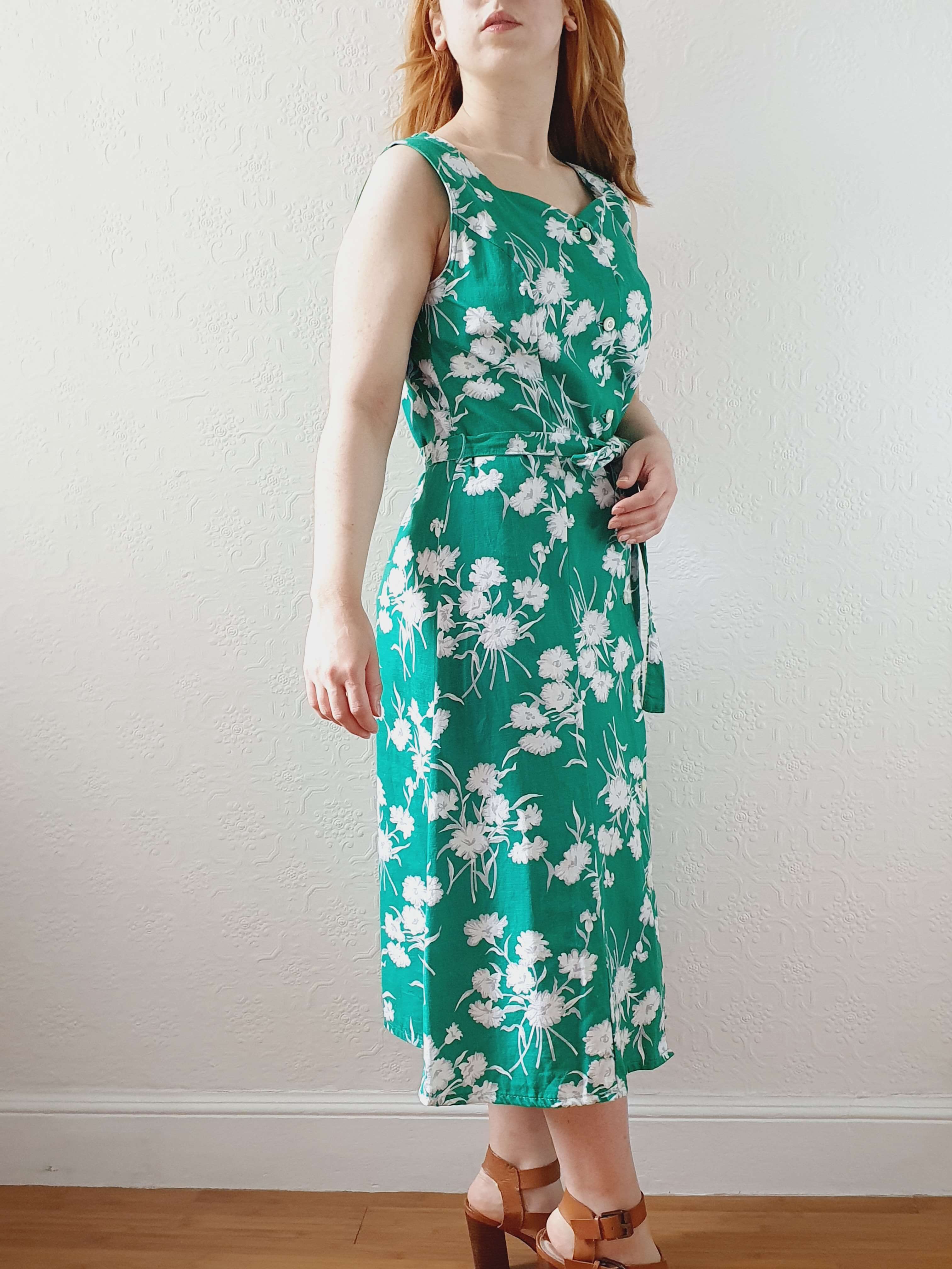 Vintage 90s Bright Green Floral Sleeveless Cotton Dress with Belt - S - Image 2