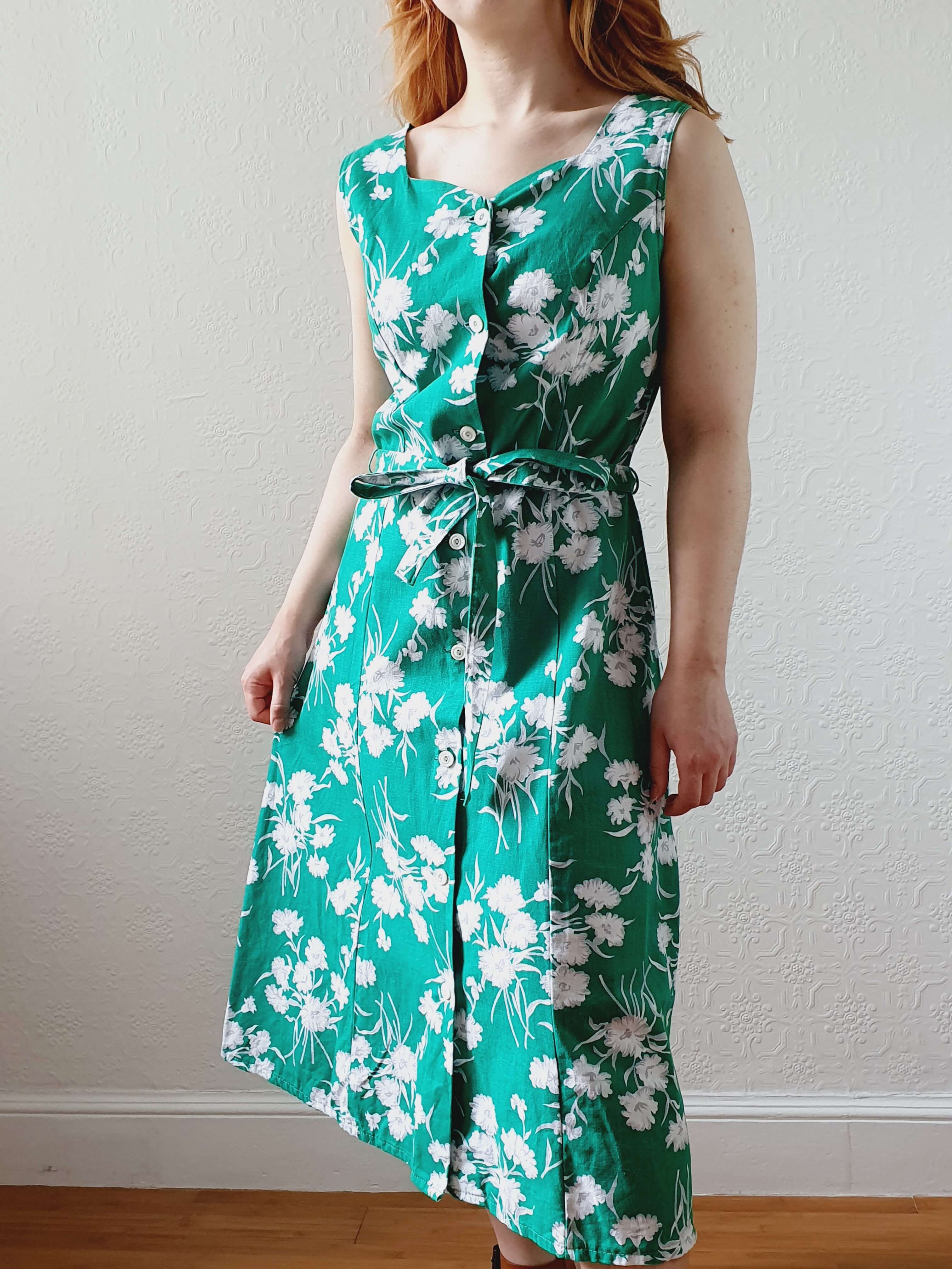 Vintage 90s Bright Green Floral Sleeveless Cotton Dress with Belt - S - Image 3