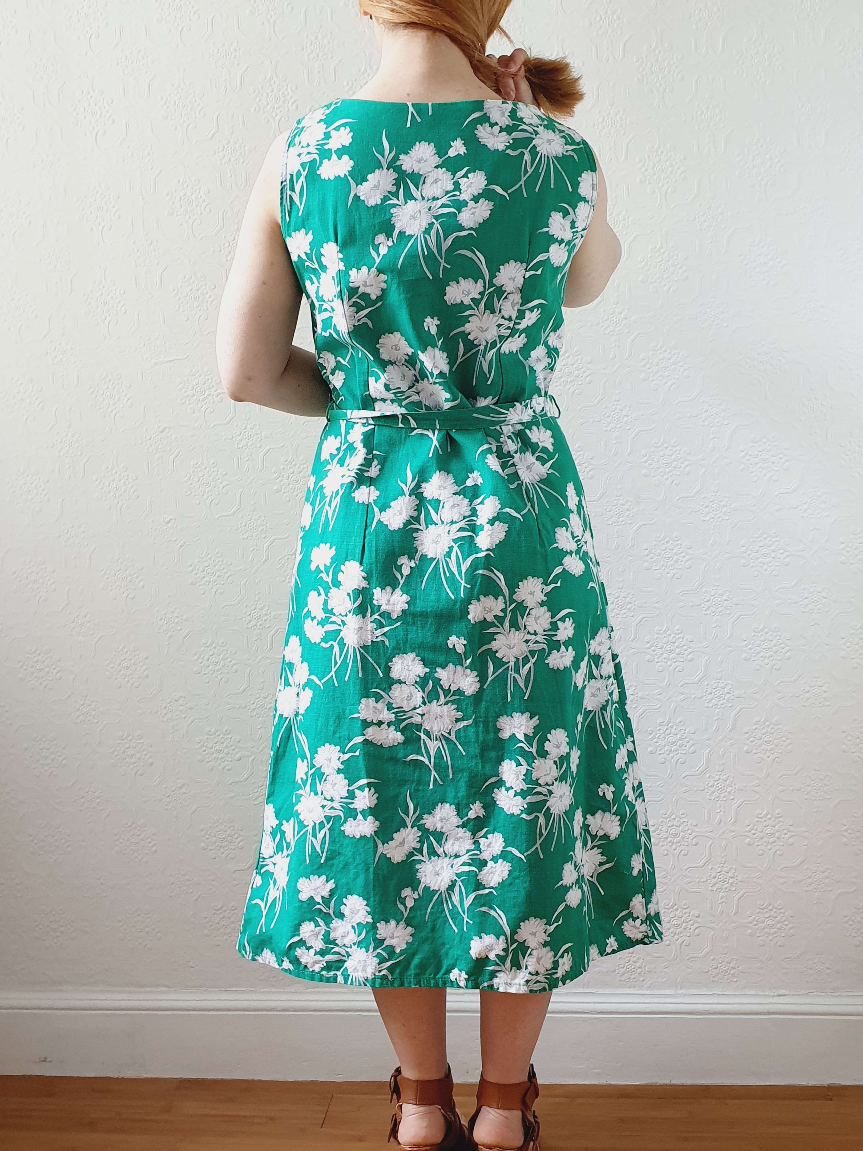 Vintage 90s Bright Green Floral Sleeveless Cotton Dress with Belt - S - Image 4