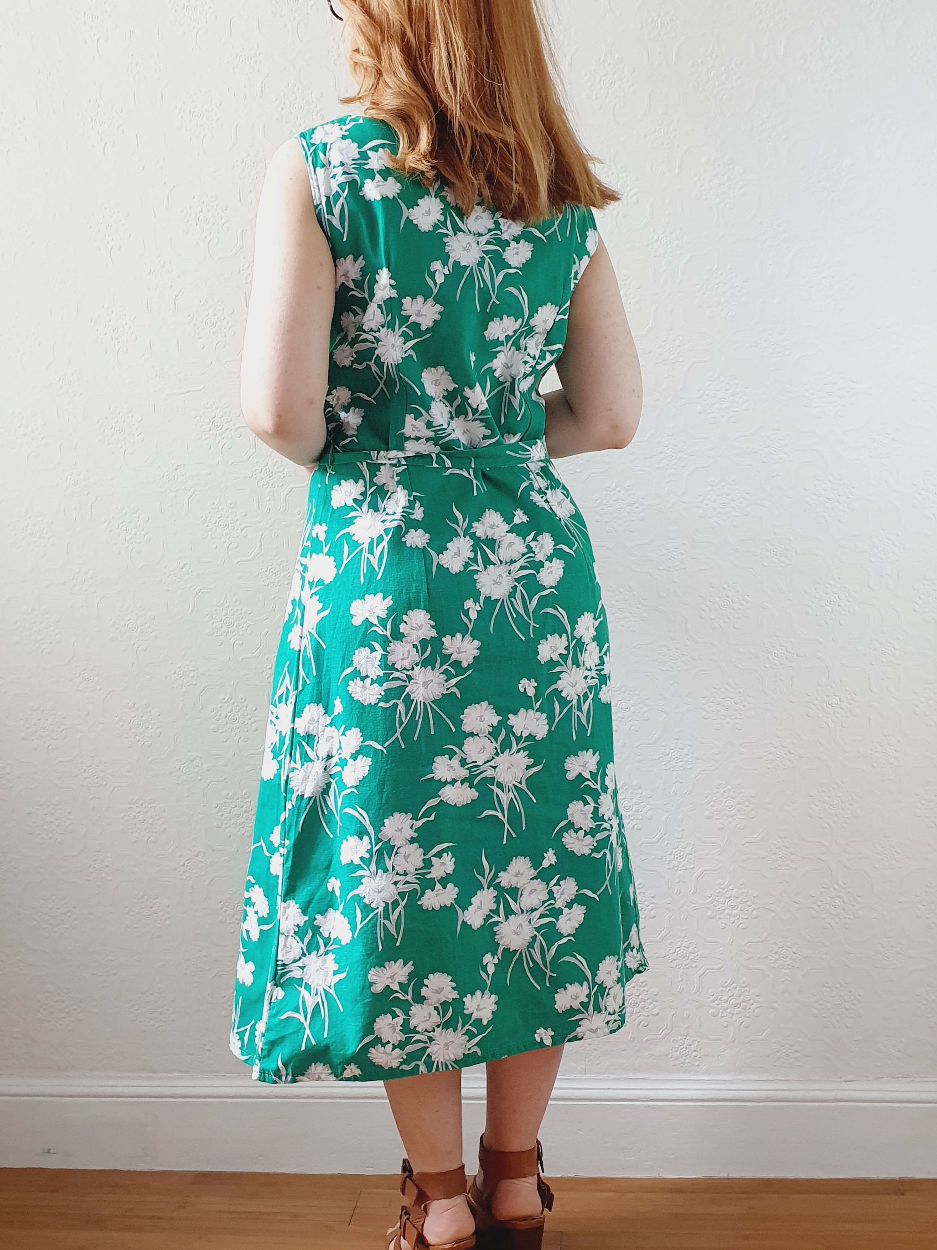 Vintage 90s Bright Green Floral Sleeveless Cotton Dress with Belt - S - Image 5