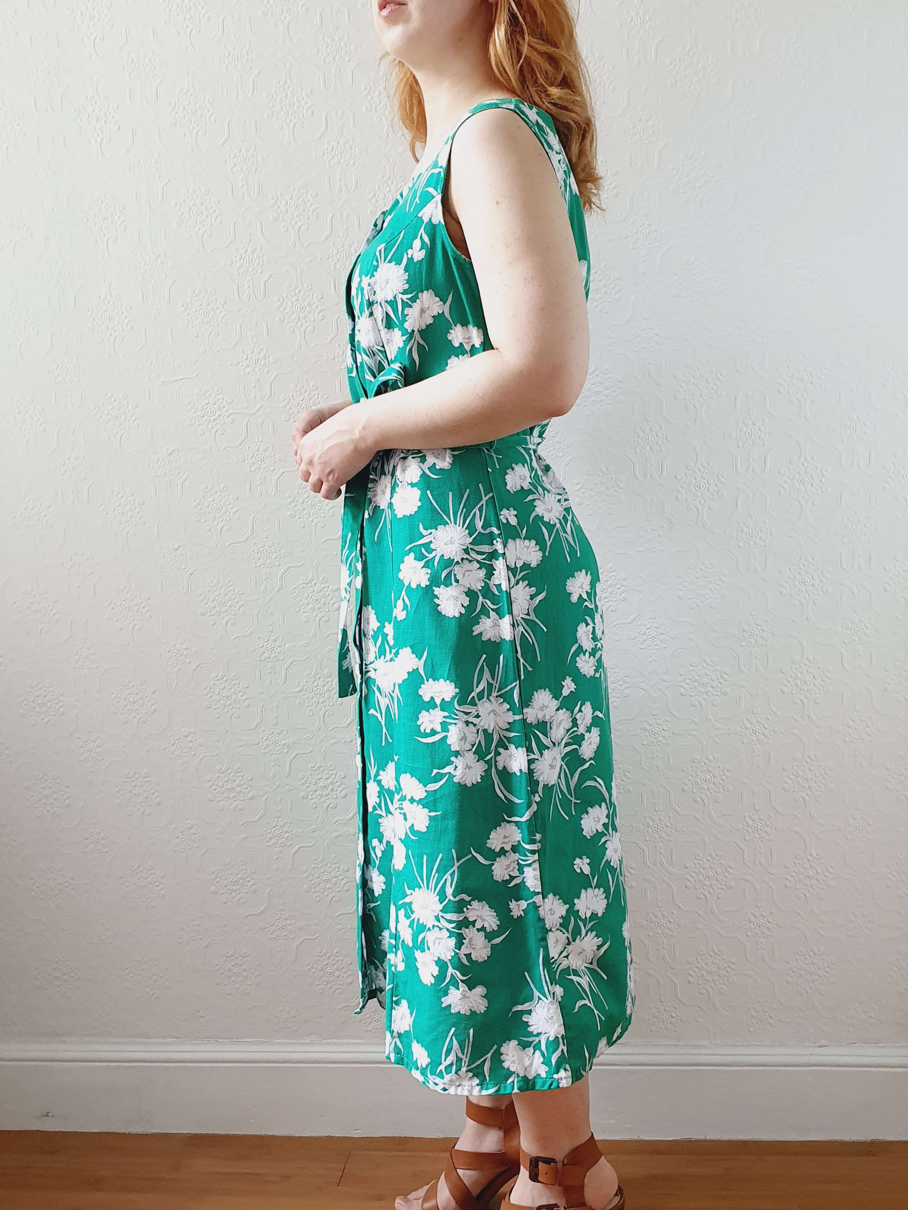 Vintage 90s Bright Green Floral Sleeveless Cotton Dress with Belt - S - Image 6