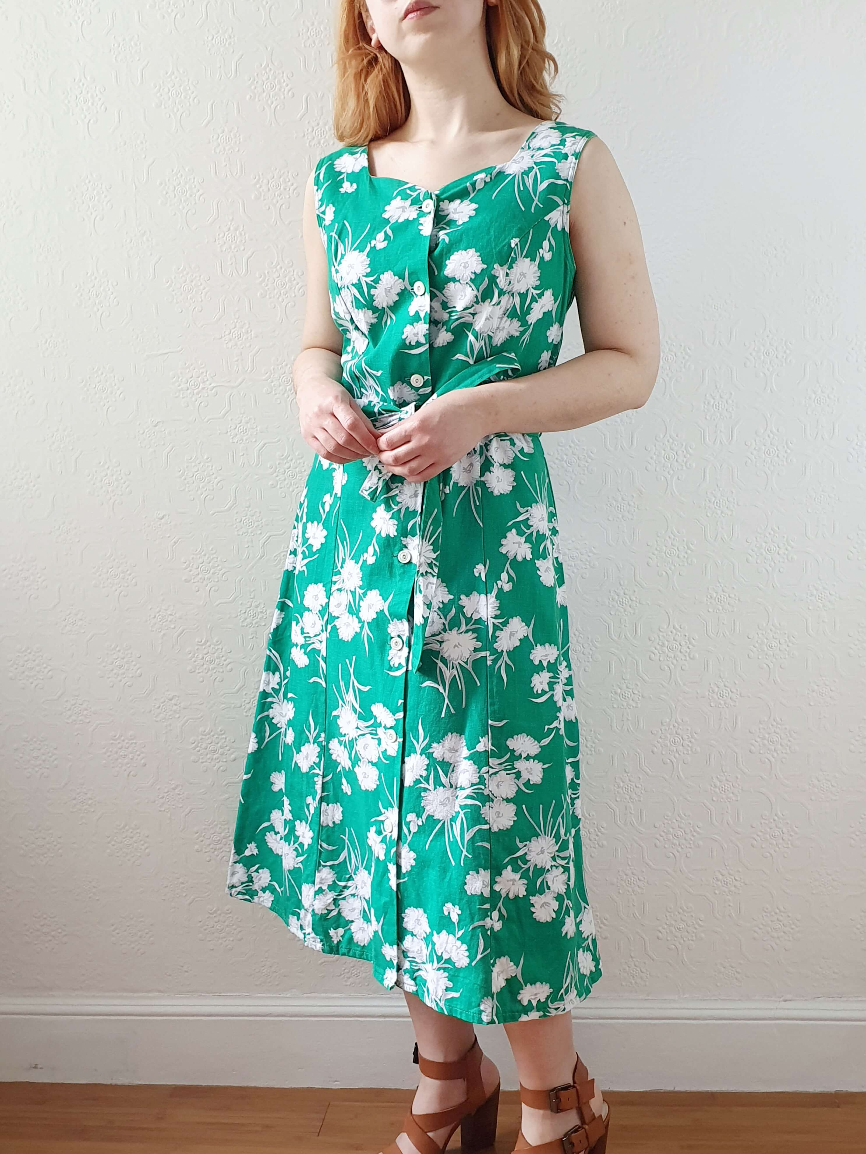 Vintage 90s Bright Green Floral Sleeveless Cotton Dress with Belt - S - Image 7