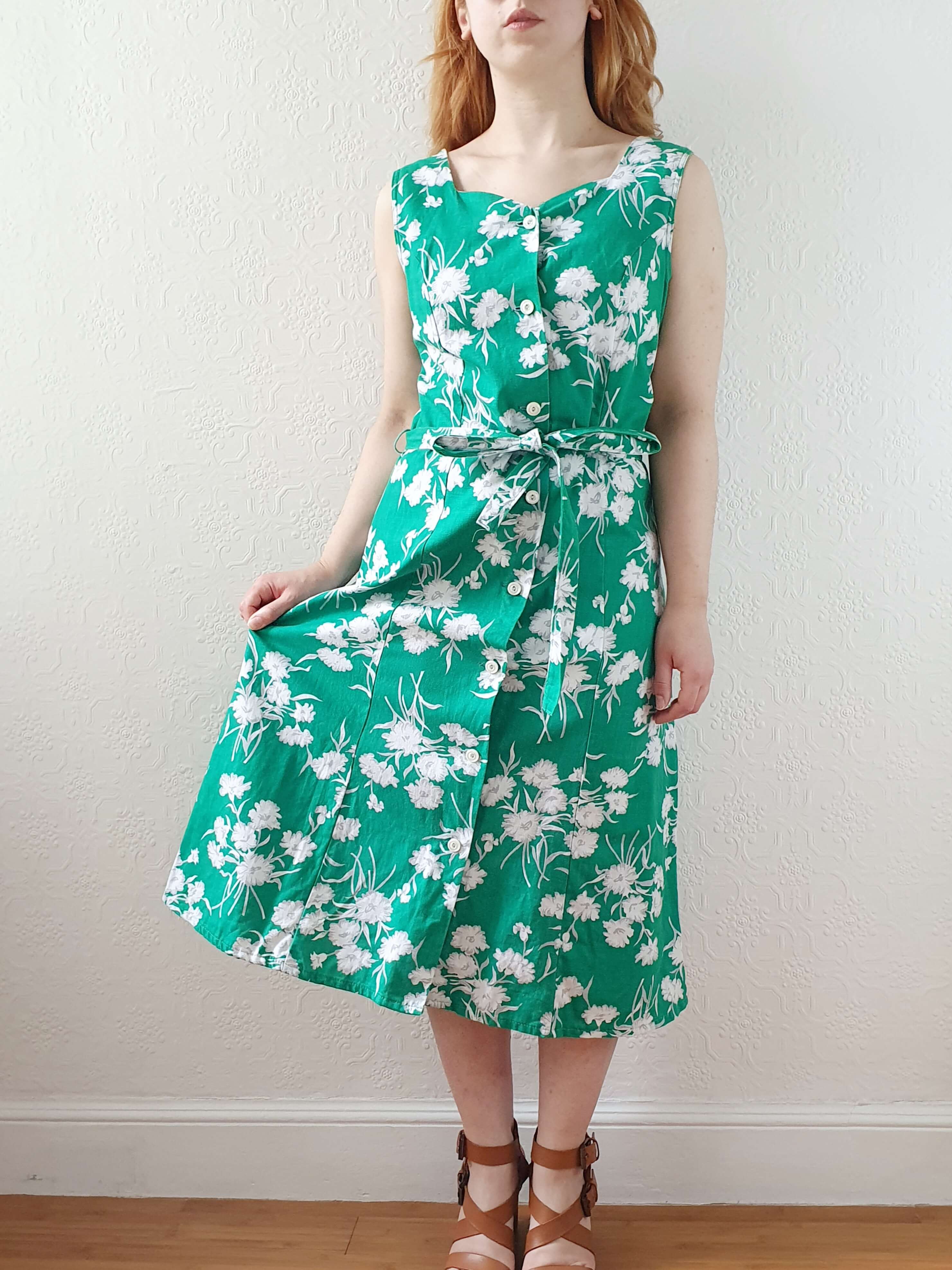 Vintage 90s Bright Green Floral Sleeveless Cotton Dress with Belt - S - Image 8