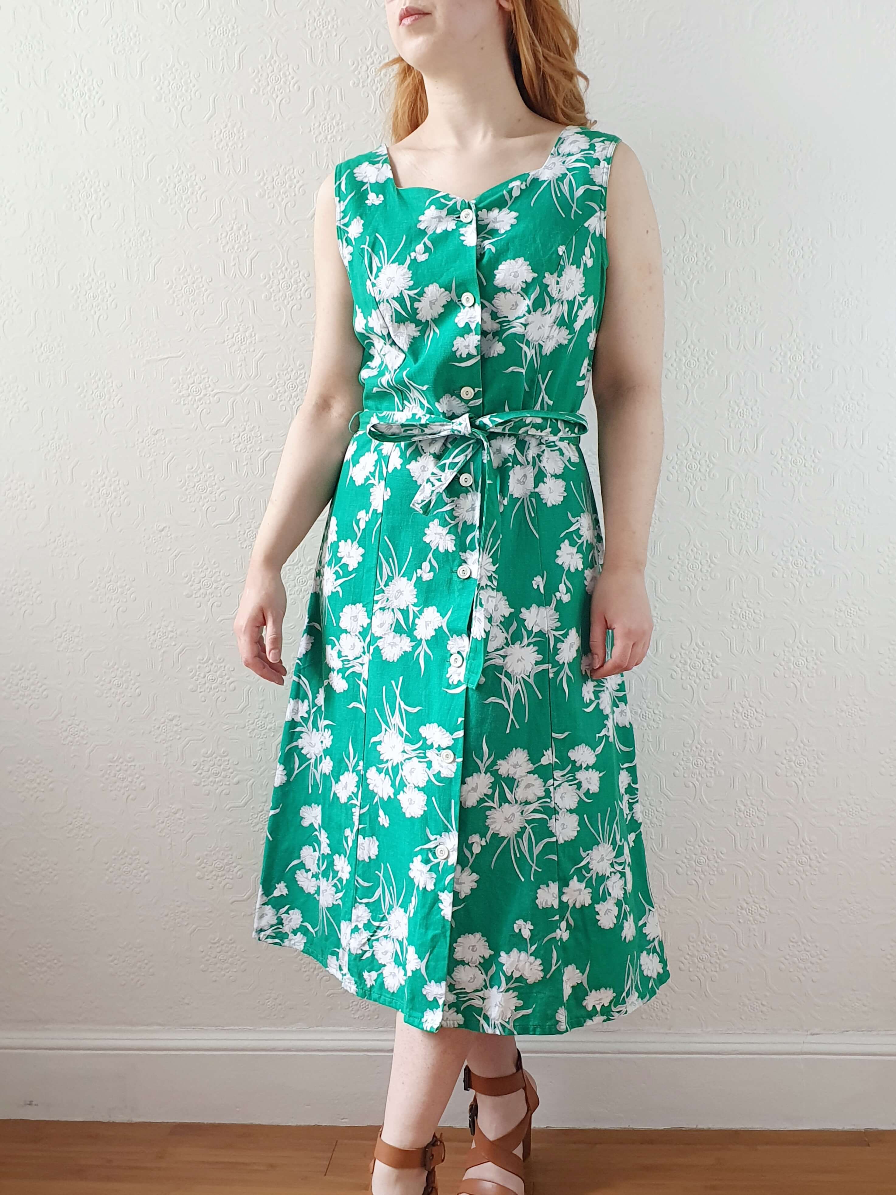 Vintage 90s Bright Green Floral Sleeveless Cotton Dress with Belt - S - Image 9