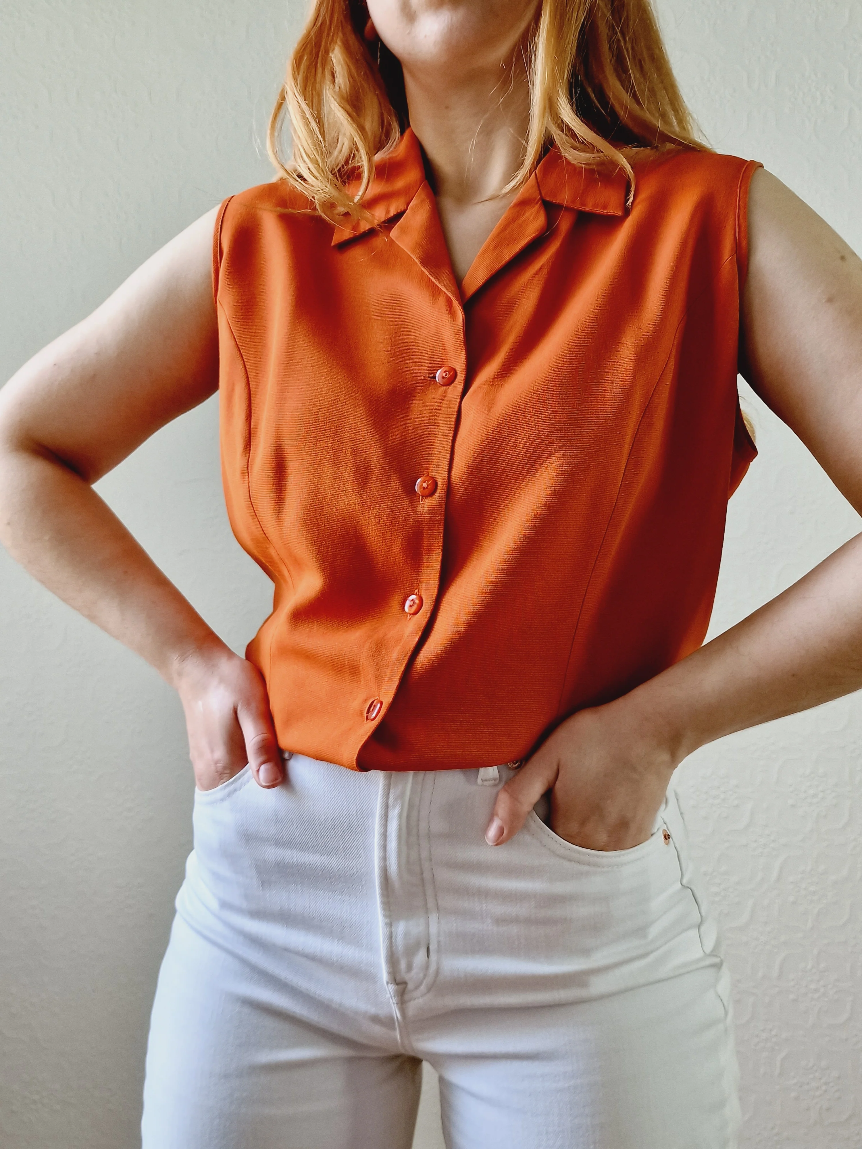 Vintage 90s Burnt Orange Button Down Sleeveless Blouse - L - Image 2