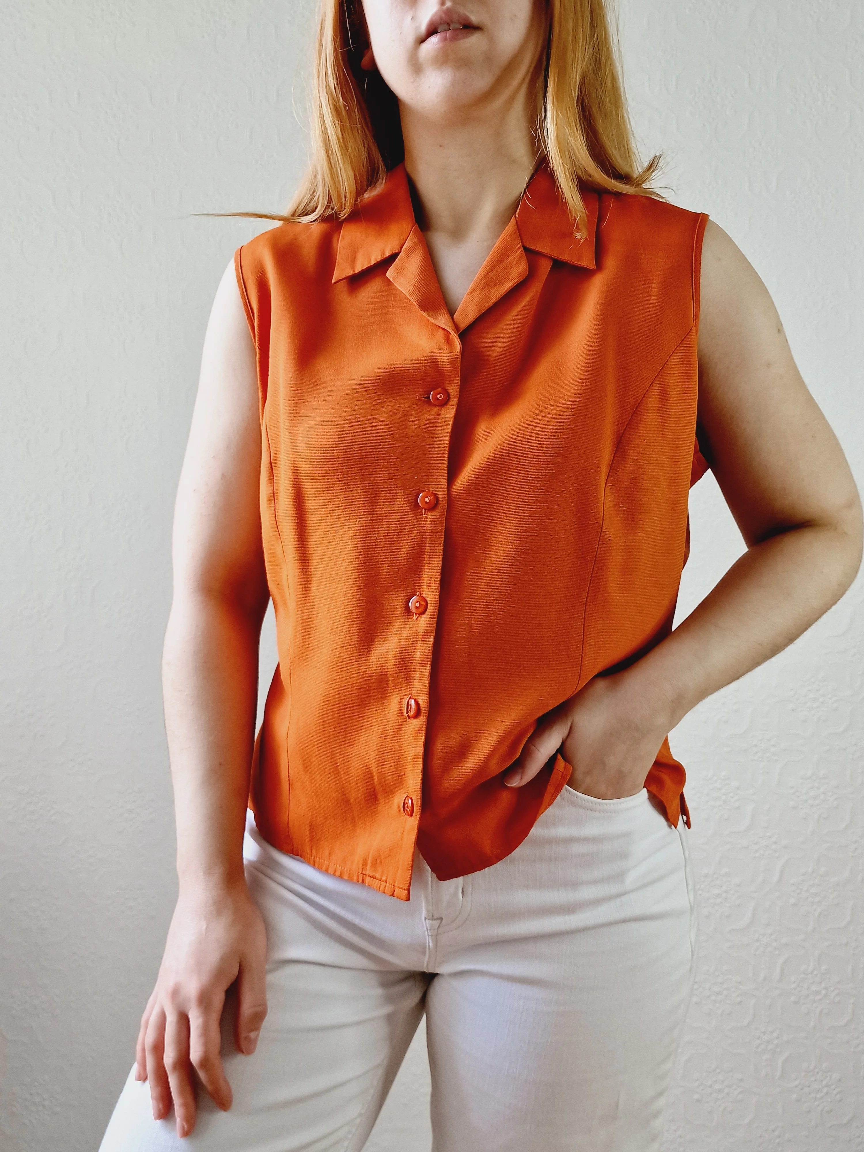 Vintage 90s Burnt Orange Button Down Sleeveless Blouse - L - Image 3