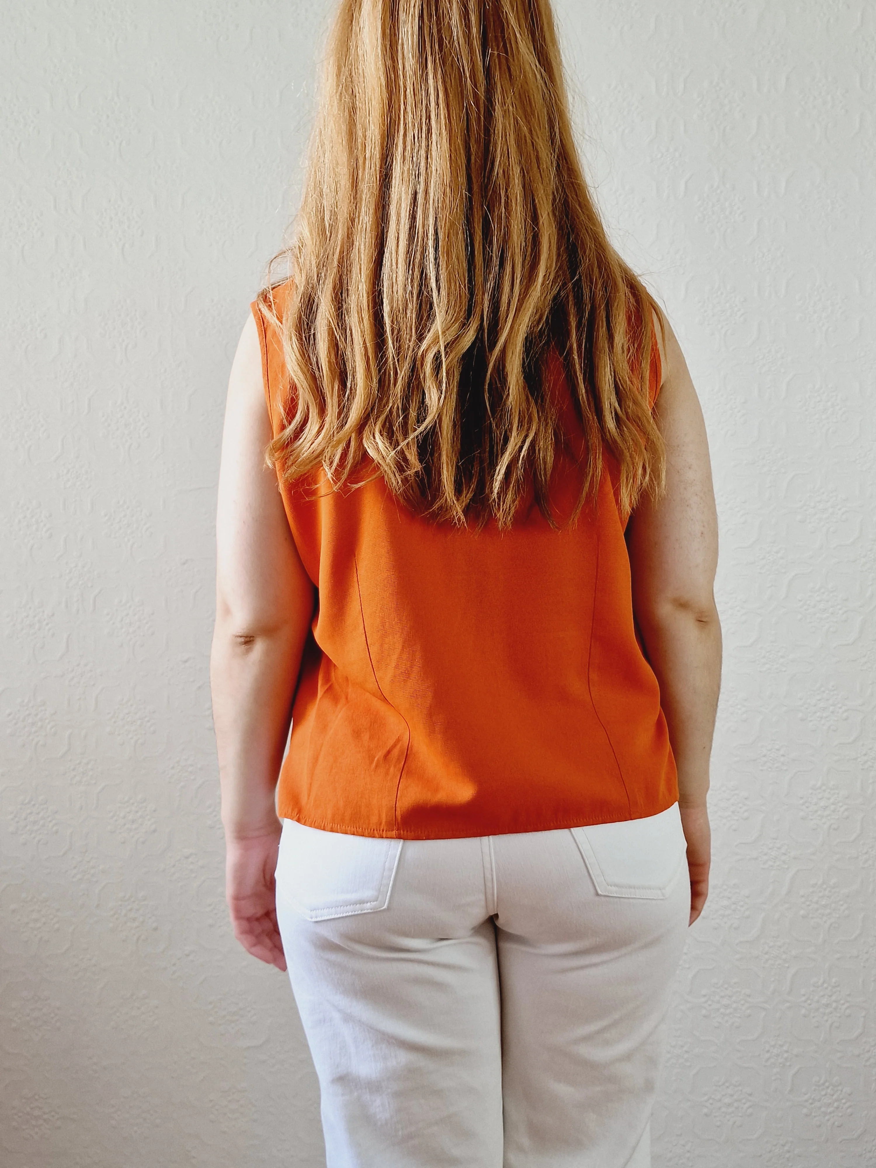 Vintage 90s Burnt Orange Button Down Sleeveless Blouse - L - Image 4