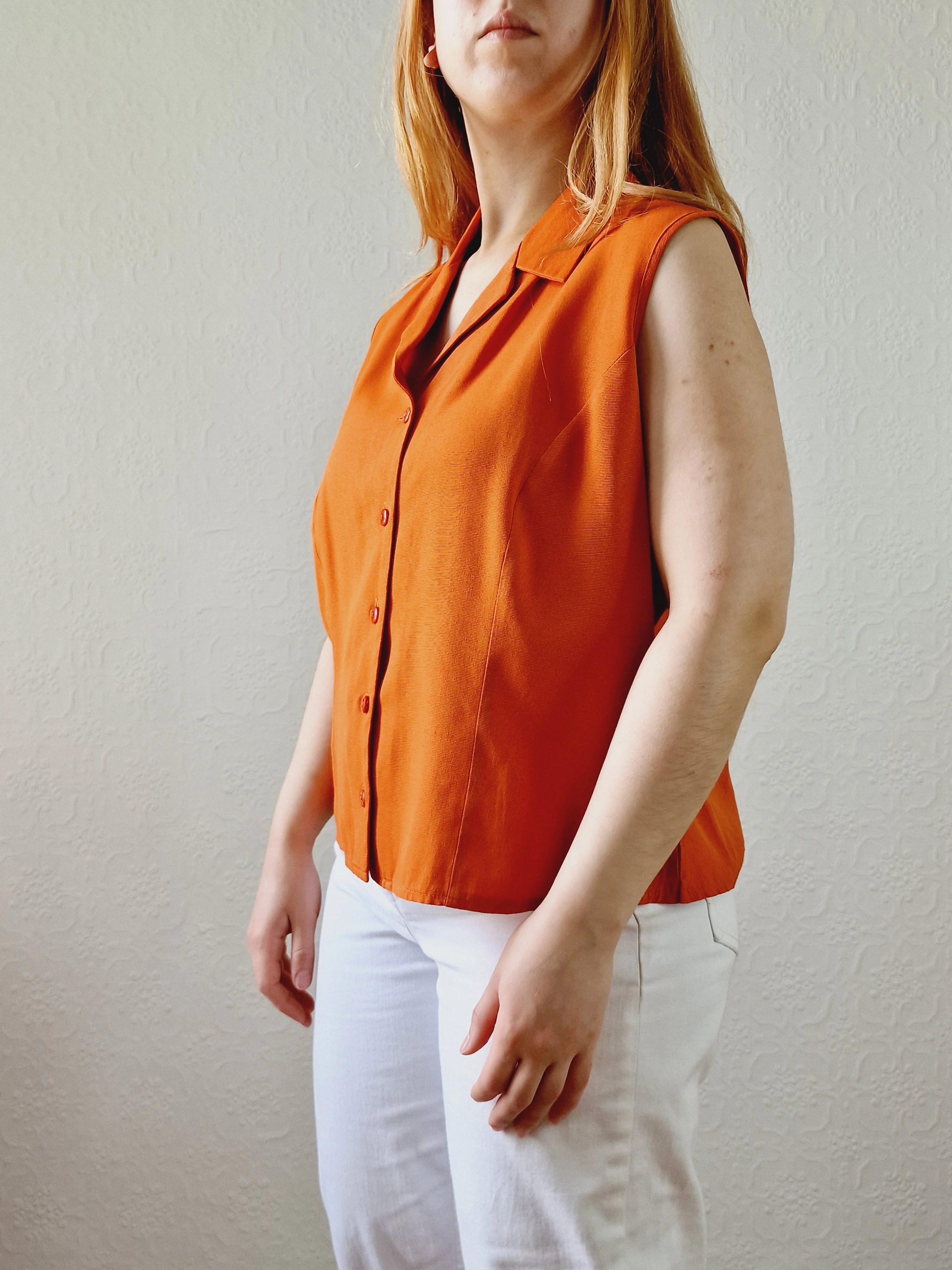 Vintage 90s Burnt Orange Button Down Sleeveless Blouse - L - Image 5