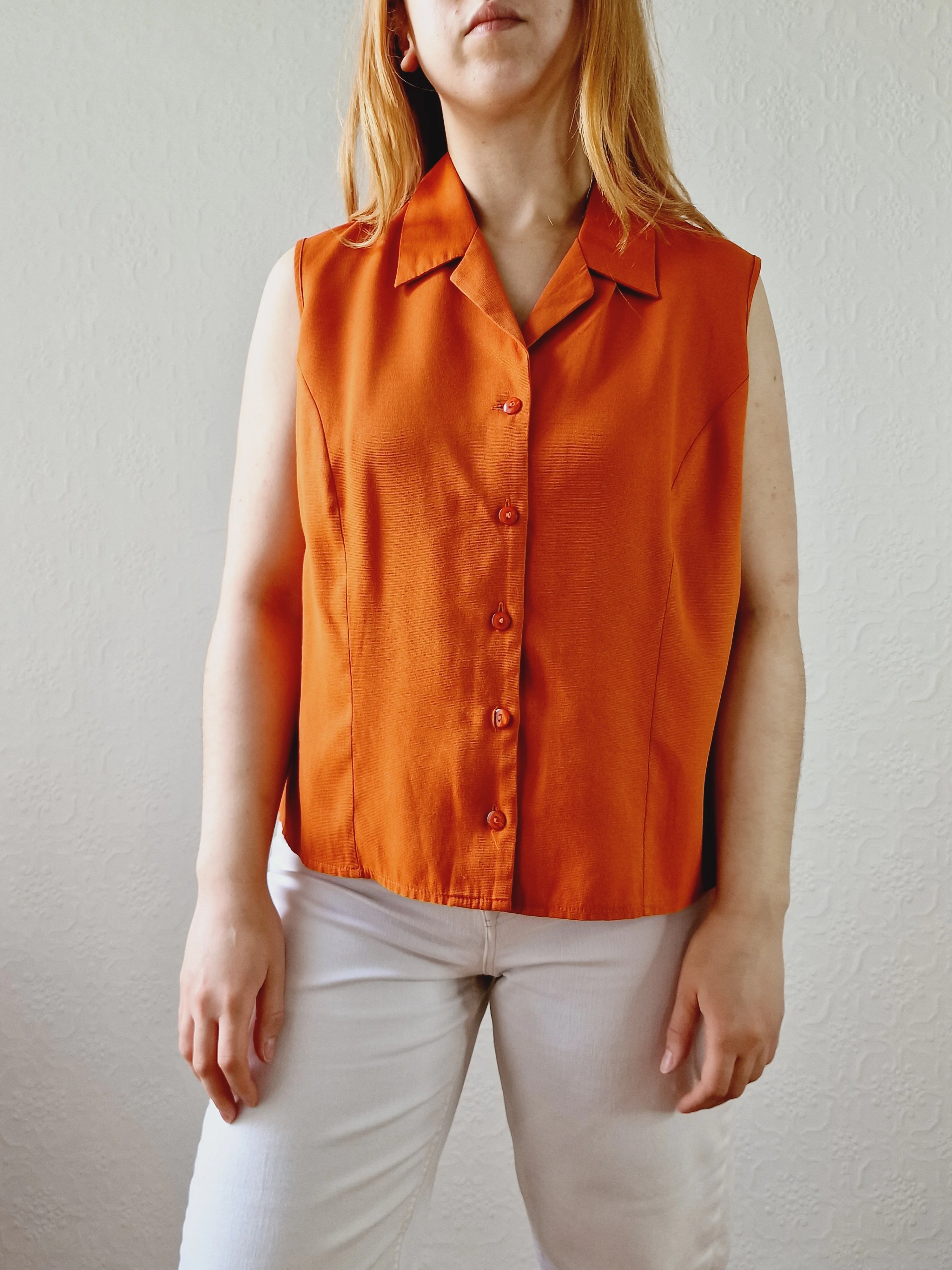 Vintage 90s Burnt Orange Button Down Sleeveless Blouse - L - Image 6