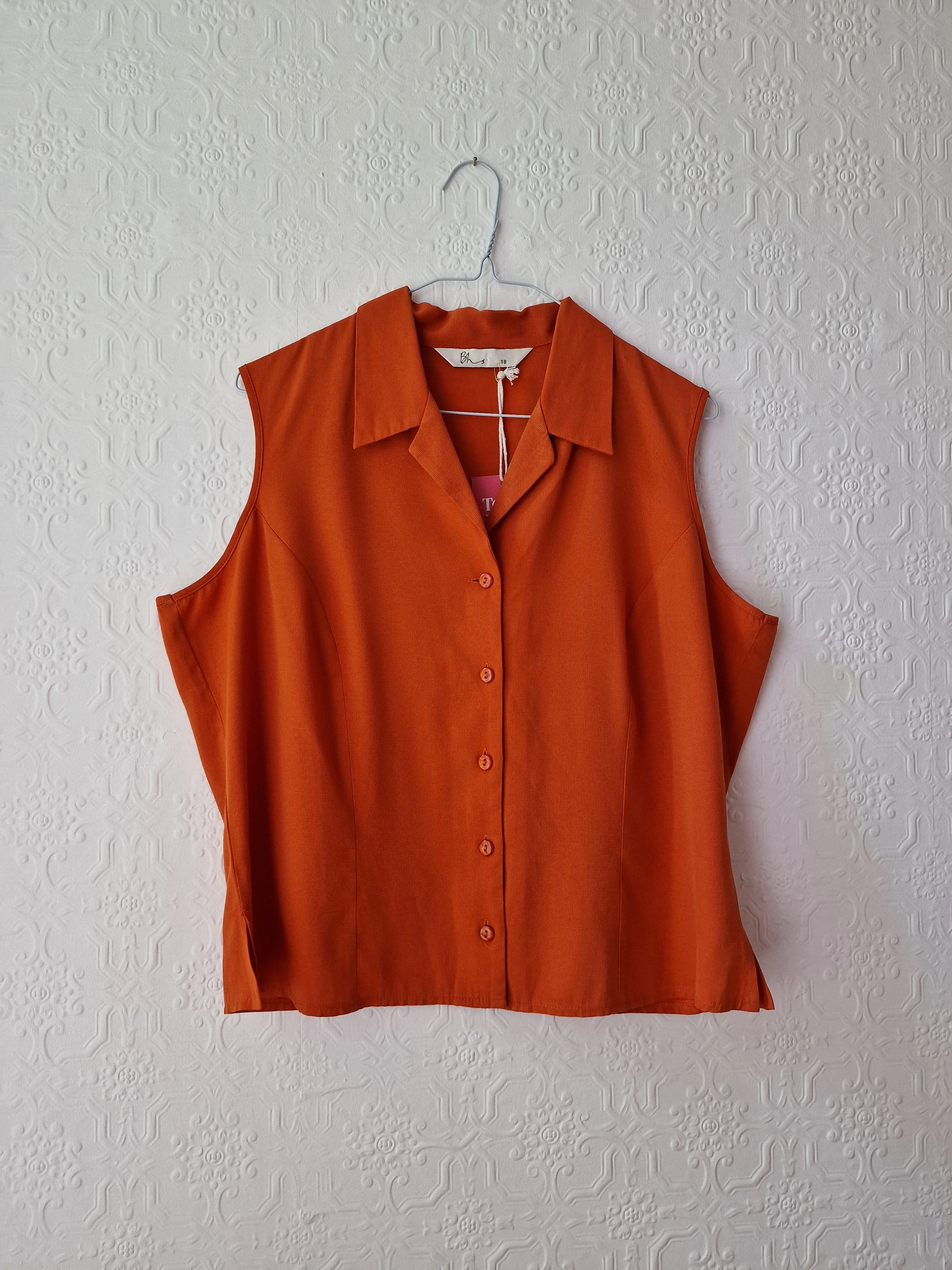 Vintage 90s Burnt Orange Button Down Sleeveless Blouse - L - Image 7