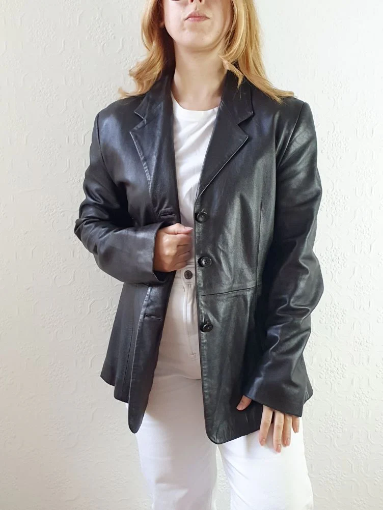 Vintage 90s Chocolate Brown Genuine Leather Blazer Style Jacket - M - Image 10