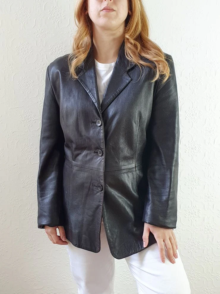 Vintage 90s Chocolate Brown Genuine Leather Blazer Style Jacket - M - Image 2
