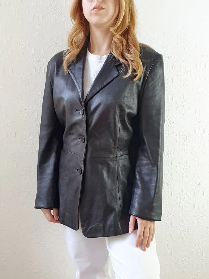 Vintage 90s Chocolate Brown Genuine Leather Blazer Style Jacket - M - Image 3