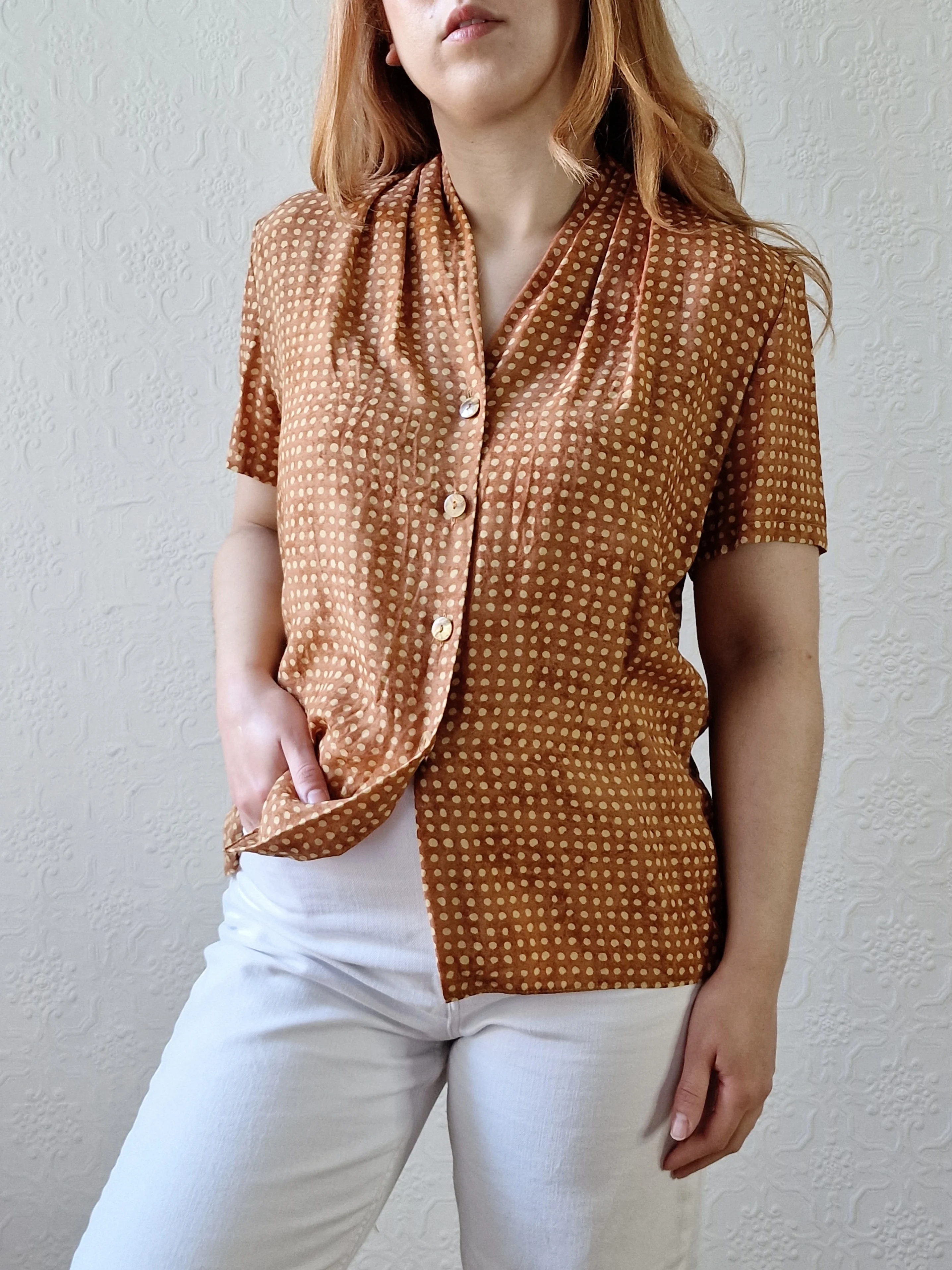 Vintage 90s Copper Dotted Blouse with Short Sleeves - S/M - Image 2