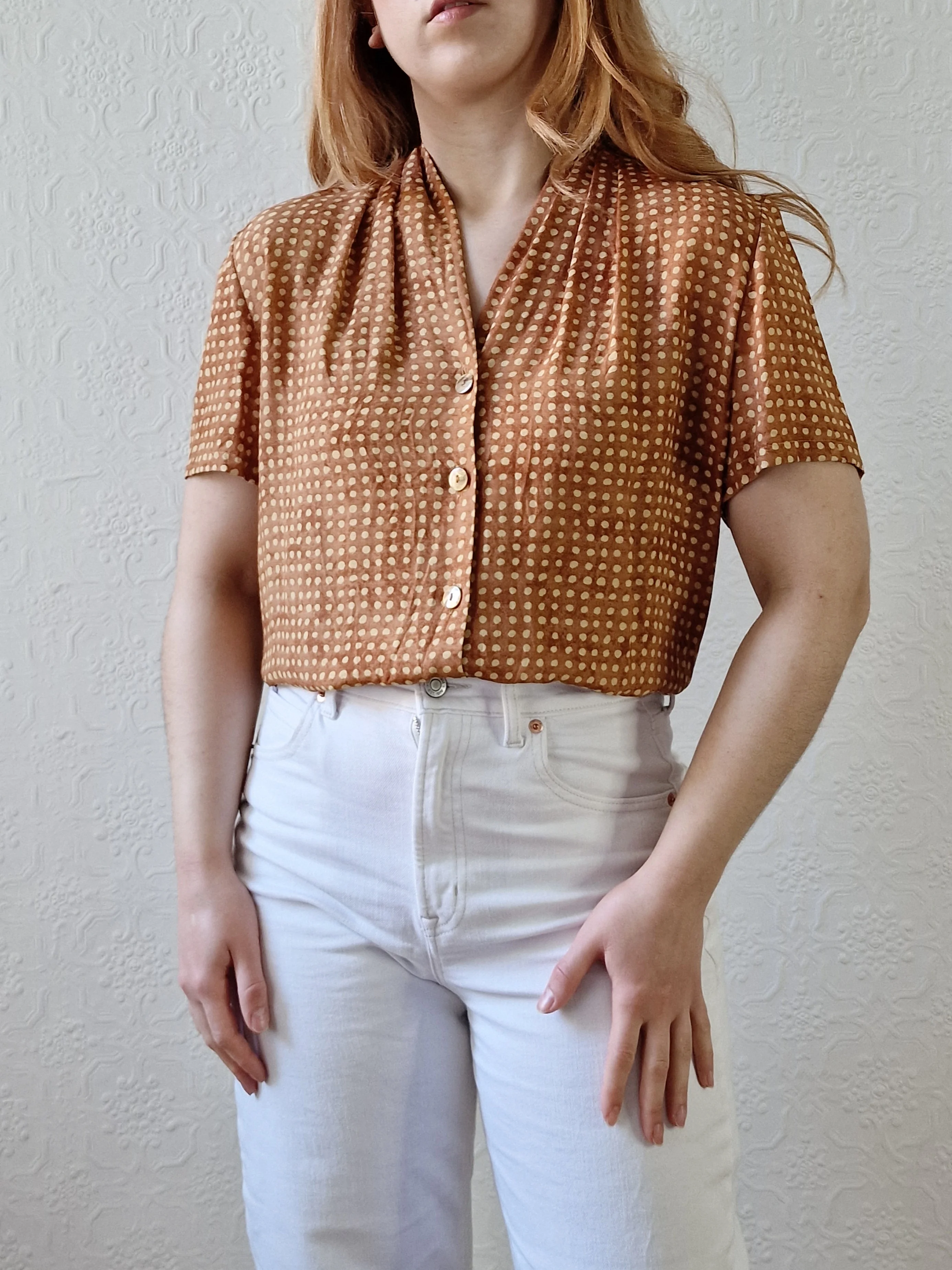 Vintage 90s Copper Dotted Blouse with Short Sleeves - S/M - Image 3
