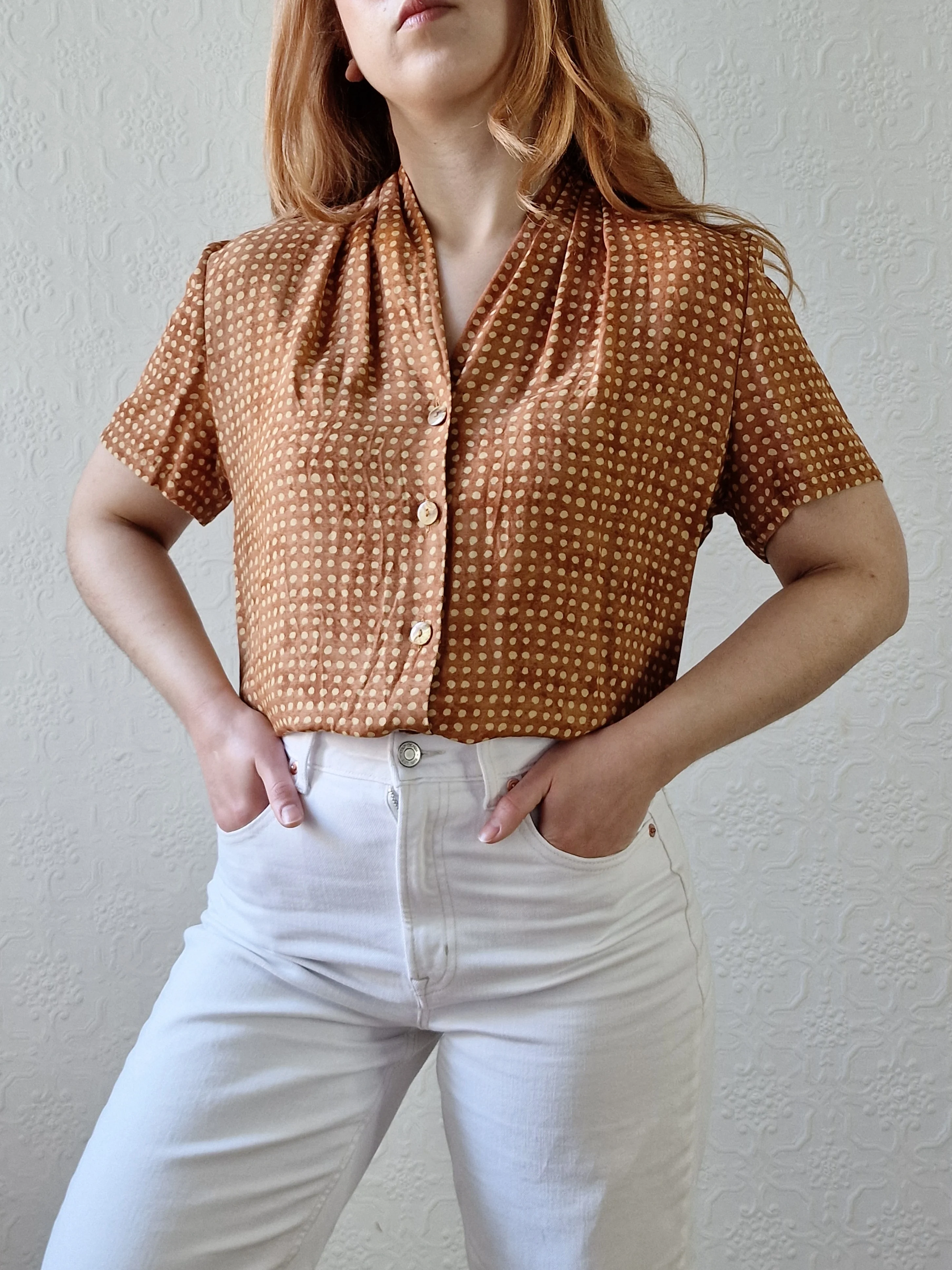 Vintage 90s Copper Dotted Blouse with Short Sleeves - S/M - Image 4