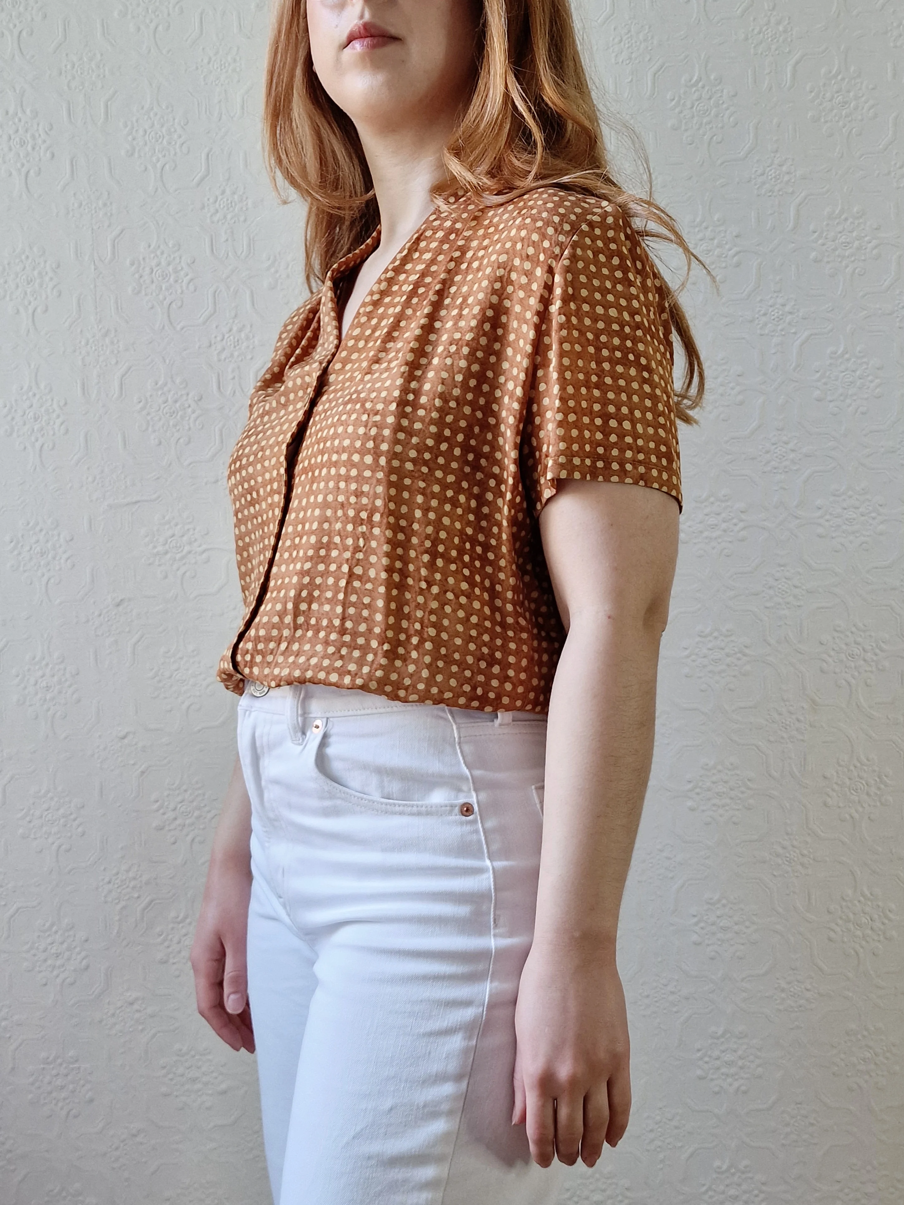 Vintage 90s Copper Dotted Blouse with Short Sleeves - S/M - Image 5