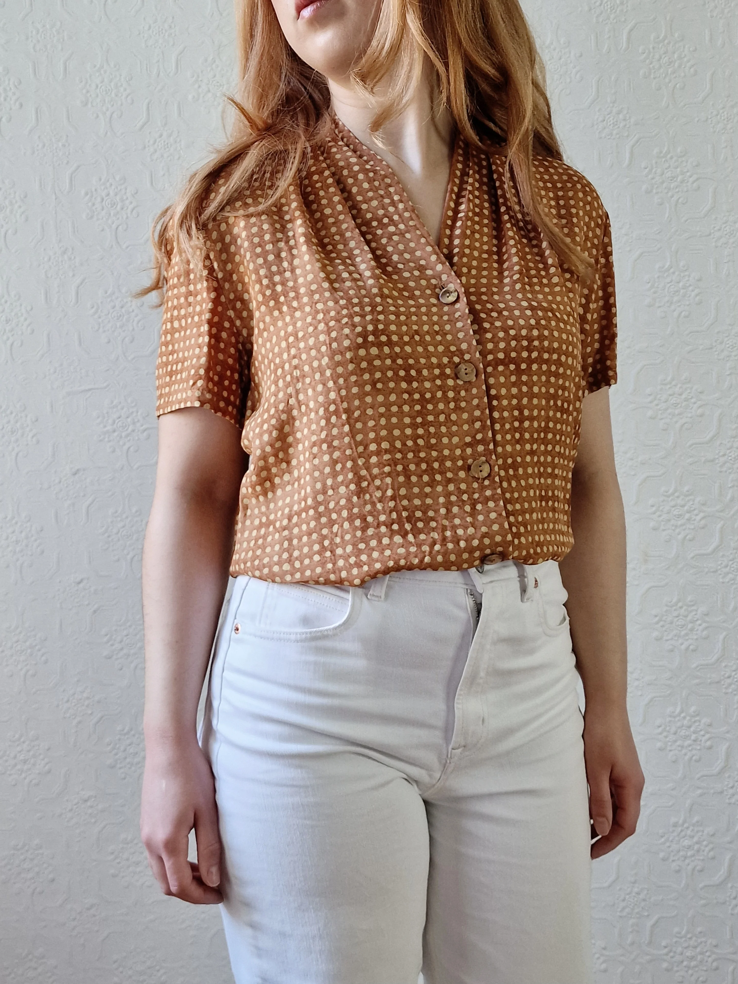 Vintage 90s Copper Dotted Blouse with Short Sleeves - S/M - Image 7
