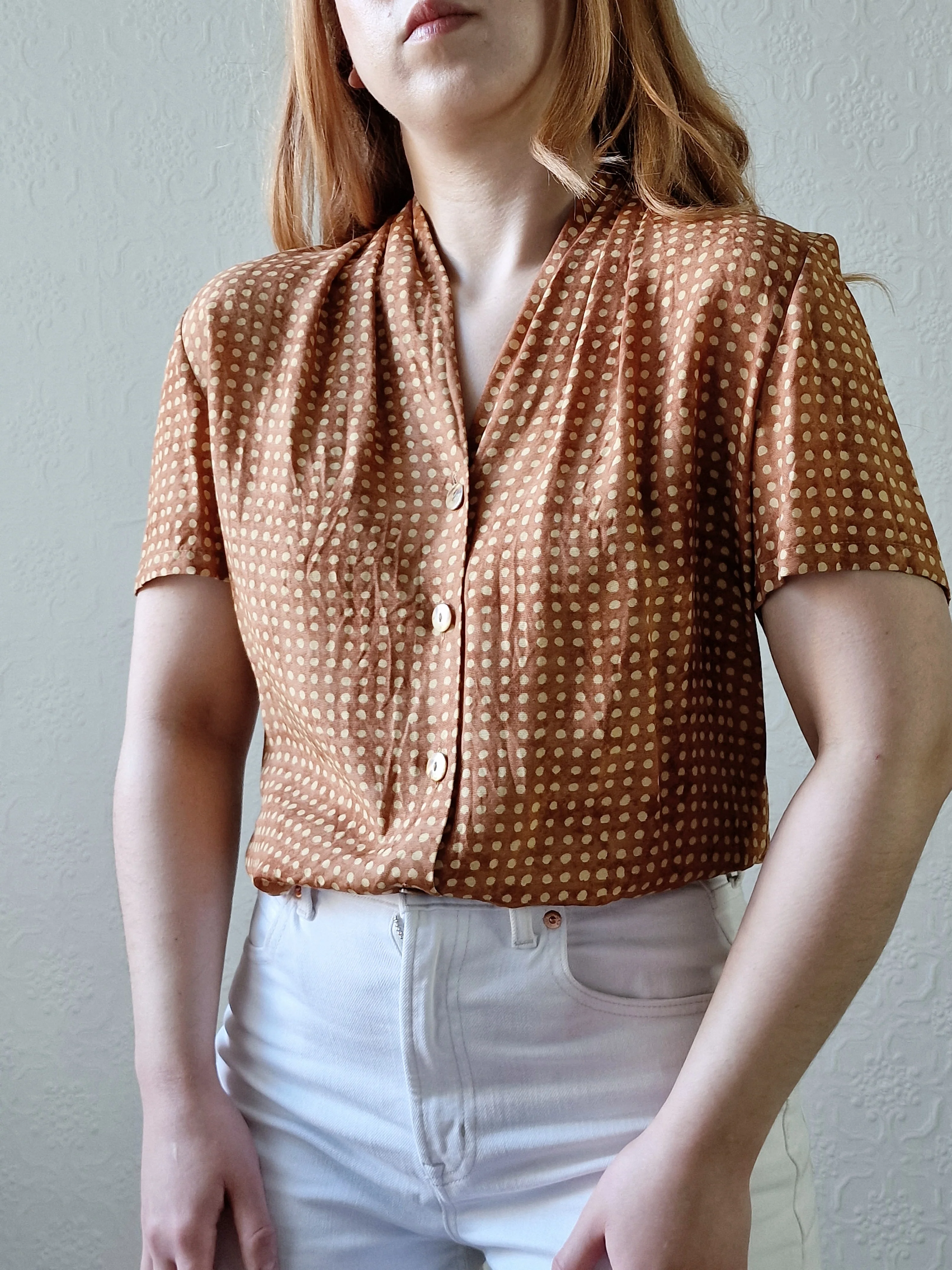 Vintage 90s Copper Dotted Blouse with Short Sleeves - S/M - Image 8