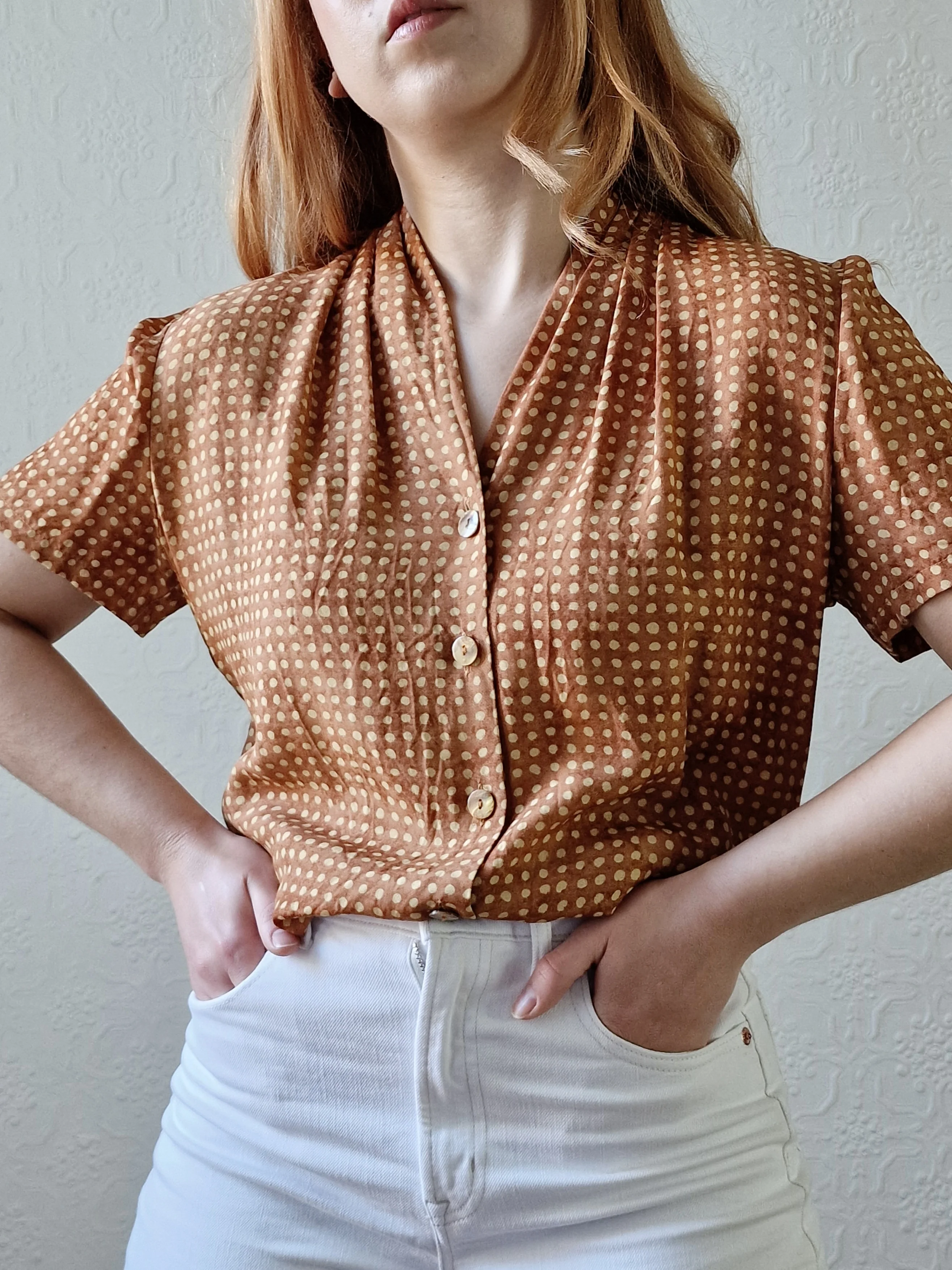Vintage 90s Copper Dotted Blouse with Short Sleeves - S/M - Image 9