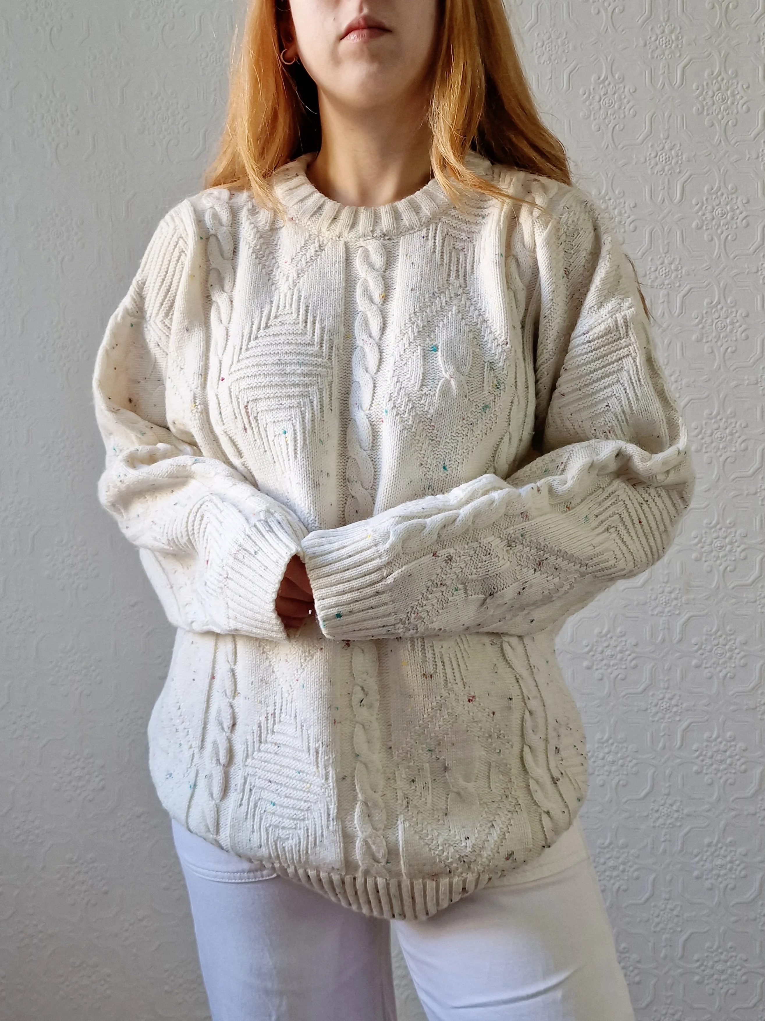 Vintage 90s Cream Aran Style Cable Knit Jumper with Multicolour Flecks - M - Image 2