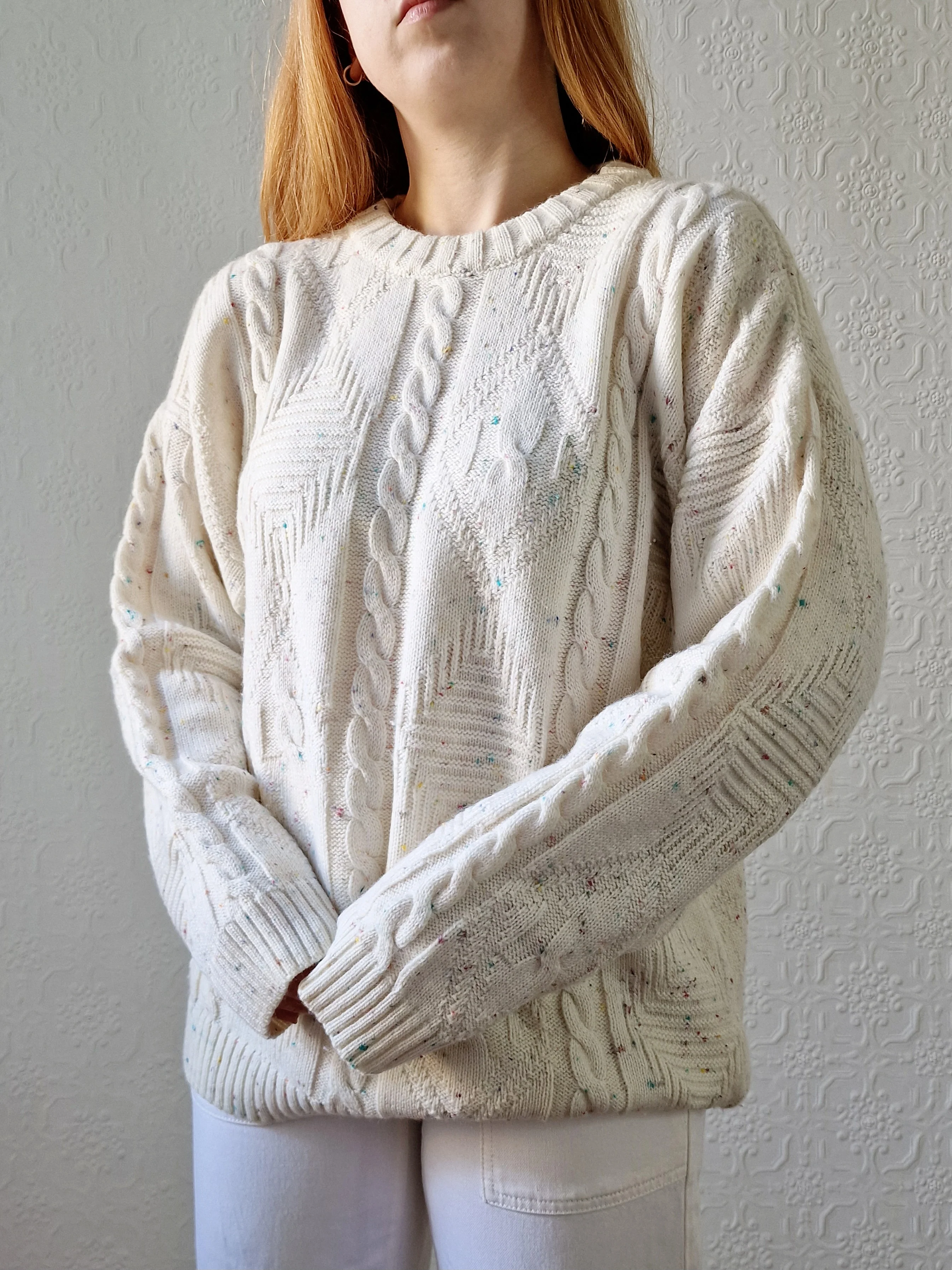 Vintage 90s Cream Aran Style Cable Knit Jumper with Multicolour Flecks - M - Image 3