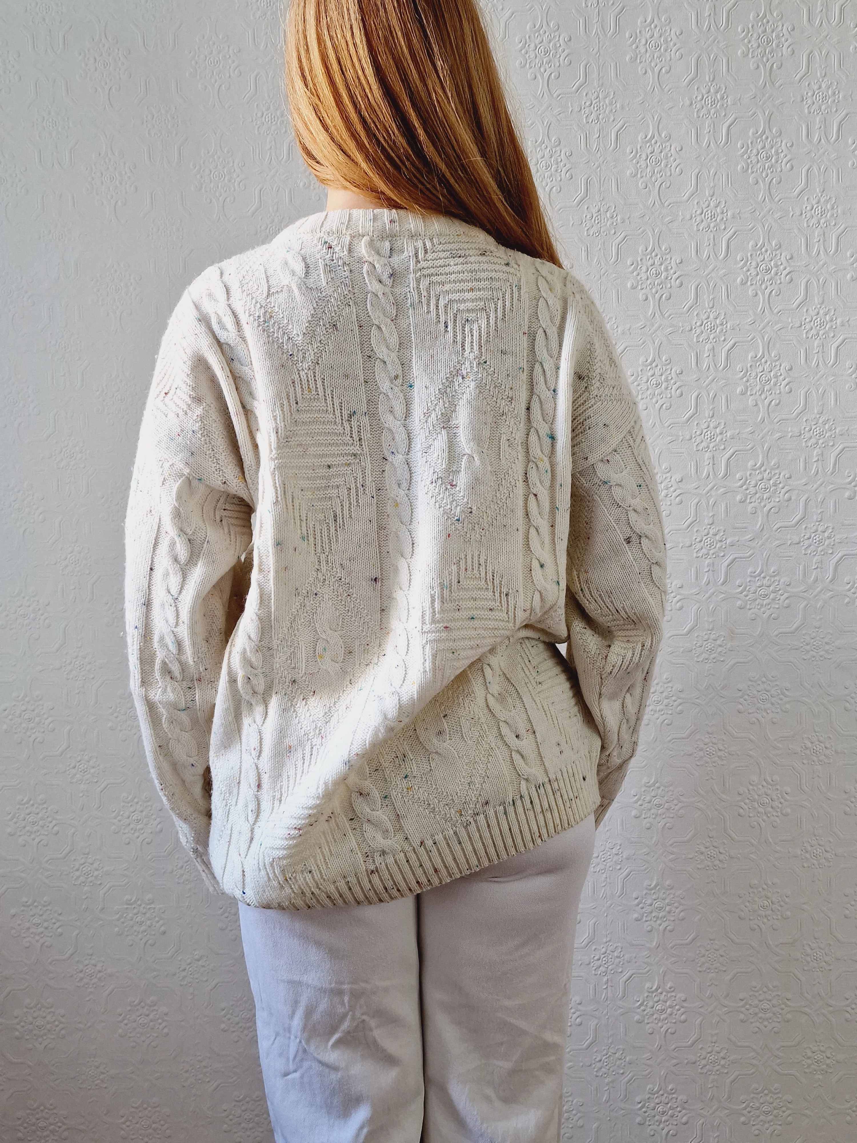 Vintage 90s Cream Aran Style Cable Knit Jumper with Multicolour Flecks - M - Image 4