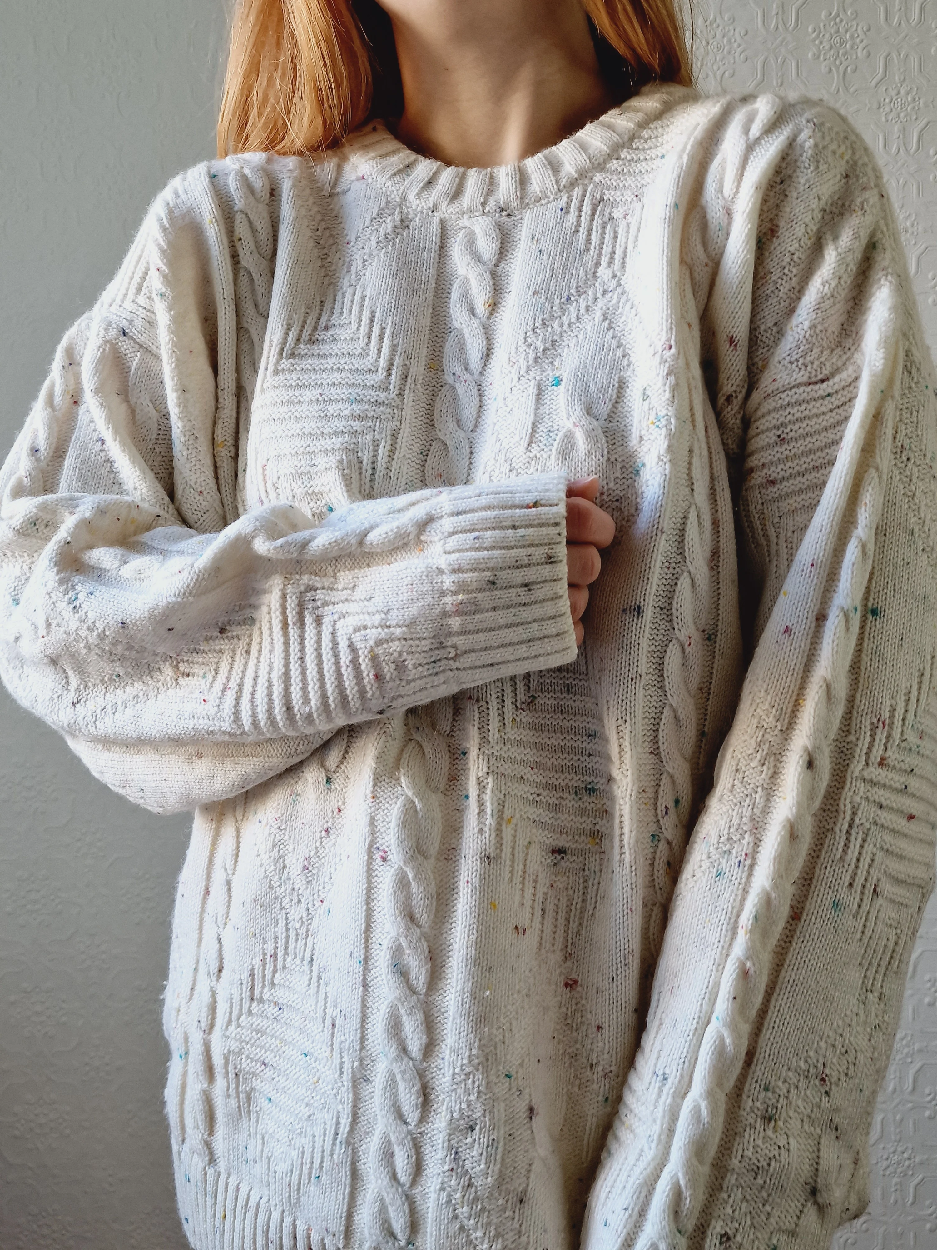 Vintage 90s Cream Aran Style Cable Knit Jumper with Multicolour Flecks - M - Image 5