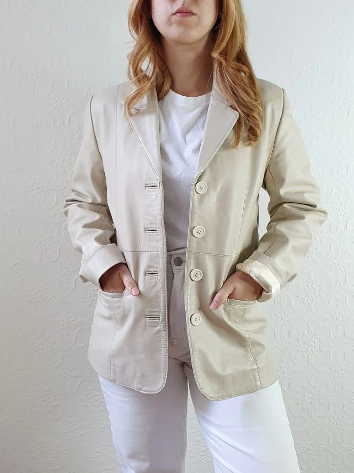Vintage 90s Cream Genuine Leather Blazer Style Jacket - S